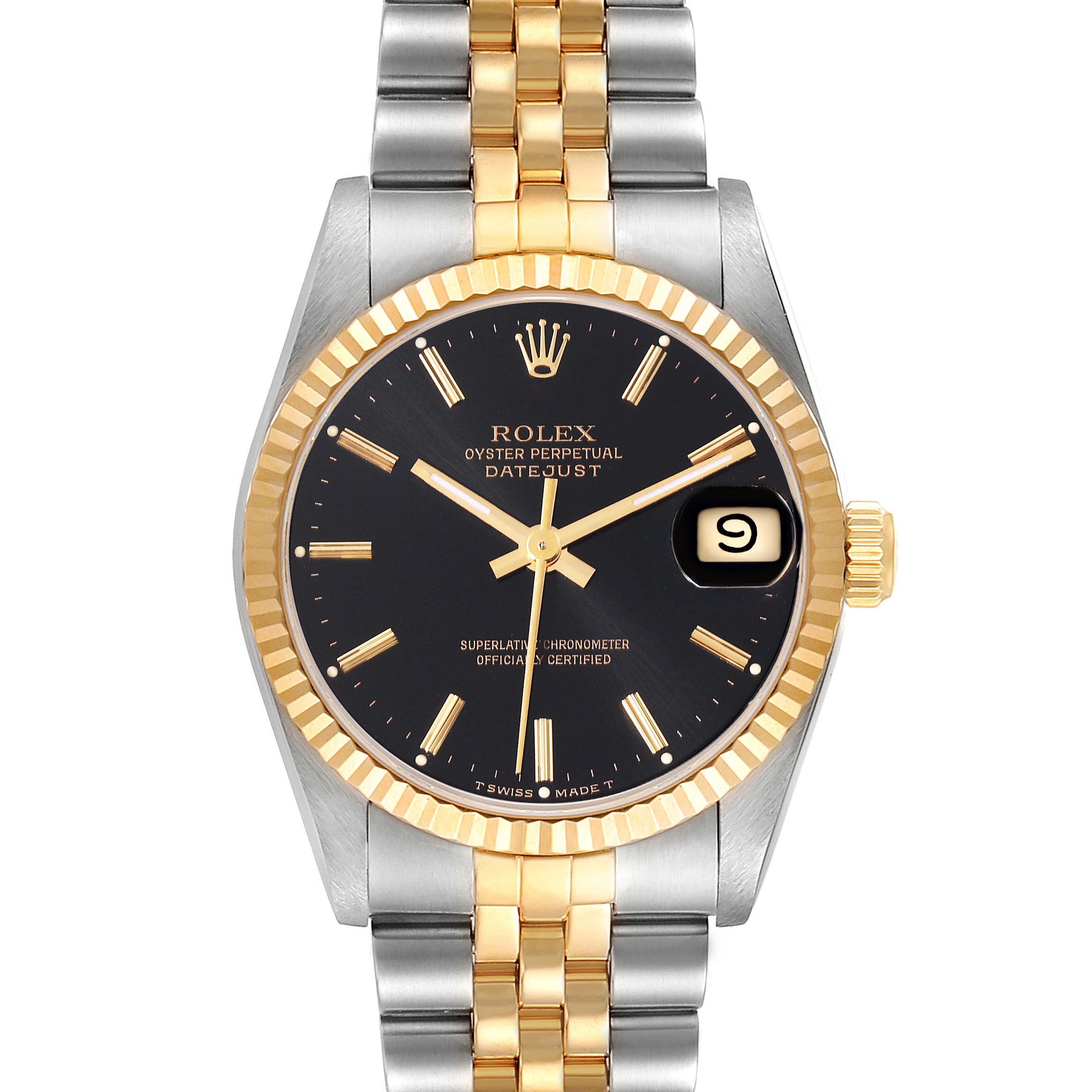 This image shows a front view of a Rolex Mid-Size 68273 Women's Steel and Gold (two tone) Black Dial 68273 Women's Steel and Gold (two tone) Black Dial Oyster Perpetual Datejust watch with a two-tone metal band and a black dial.