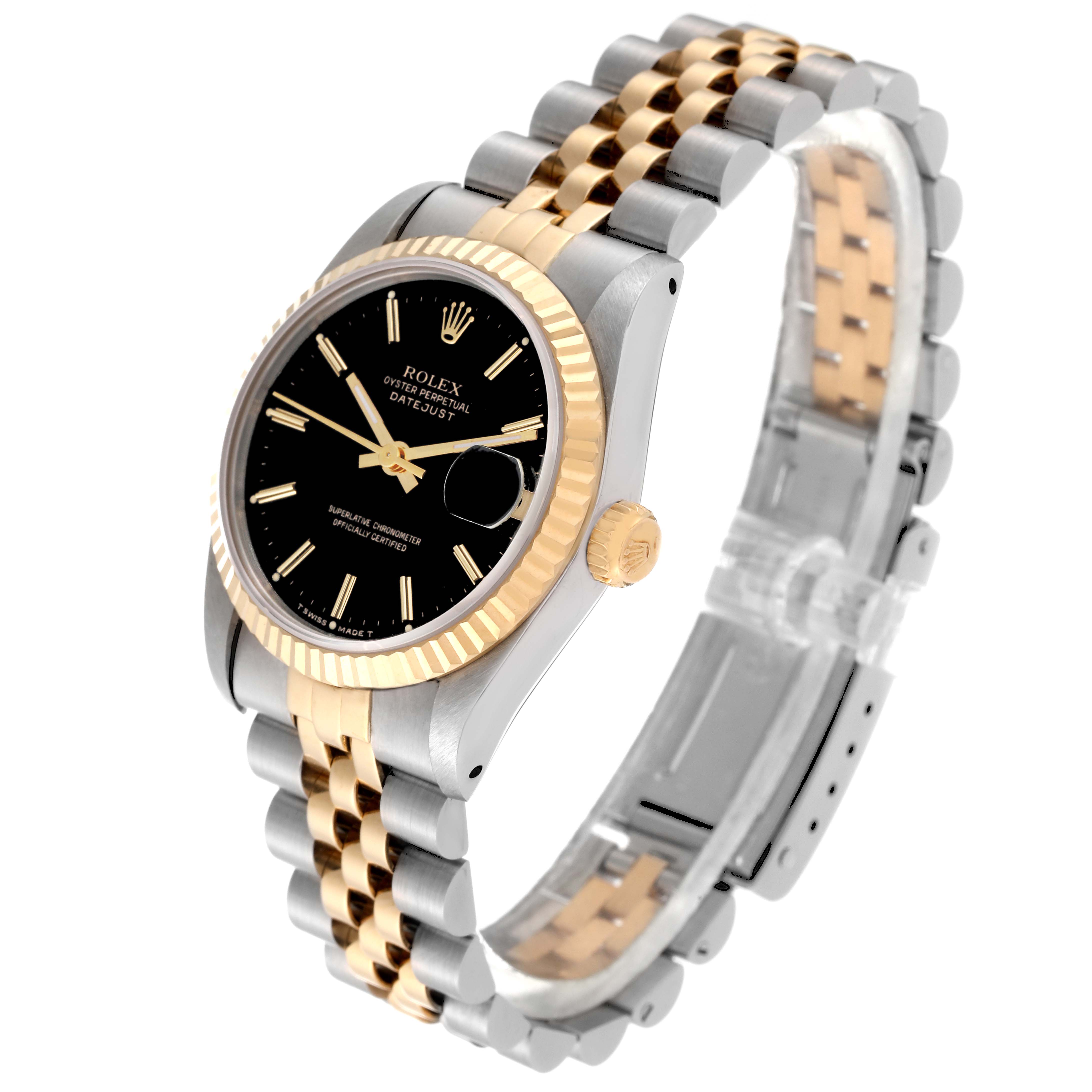 The angled image of the Rolex Mid-Size 68273 Women's Steel and Gold (two tone) Black Dial 68273 Women's Steel and Gold (two tone) Black Dial model watch shows the dial, fluted bezel, crown, and two-tone bracelet.