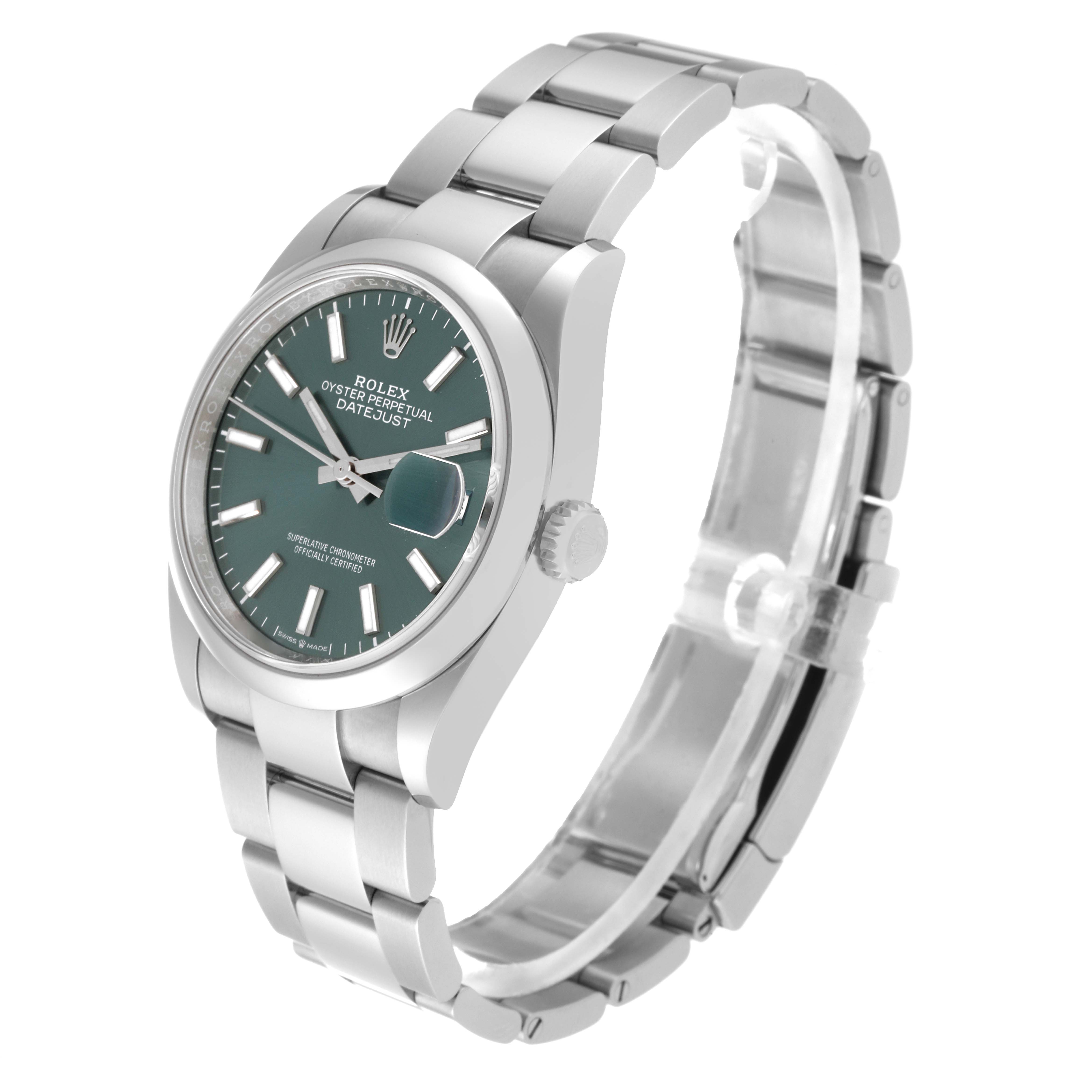 This image shows a Rolex Datejust 126200 Men's Stainless Steel Green Dial 126200 Men's Stainless Steel Green Dial watch at a three-quarter angle highlighting the face, bezel, and bracelet.