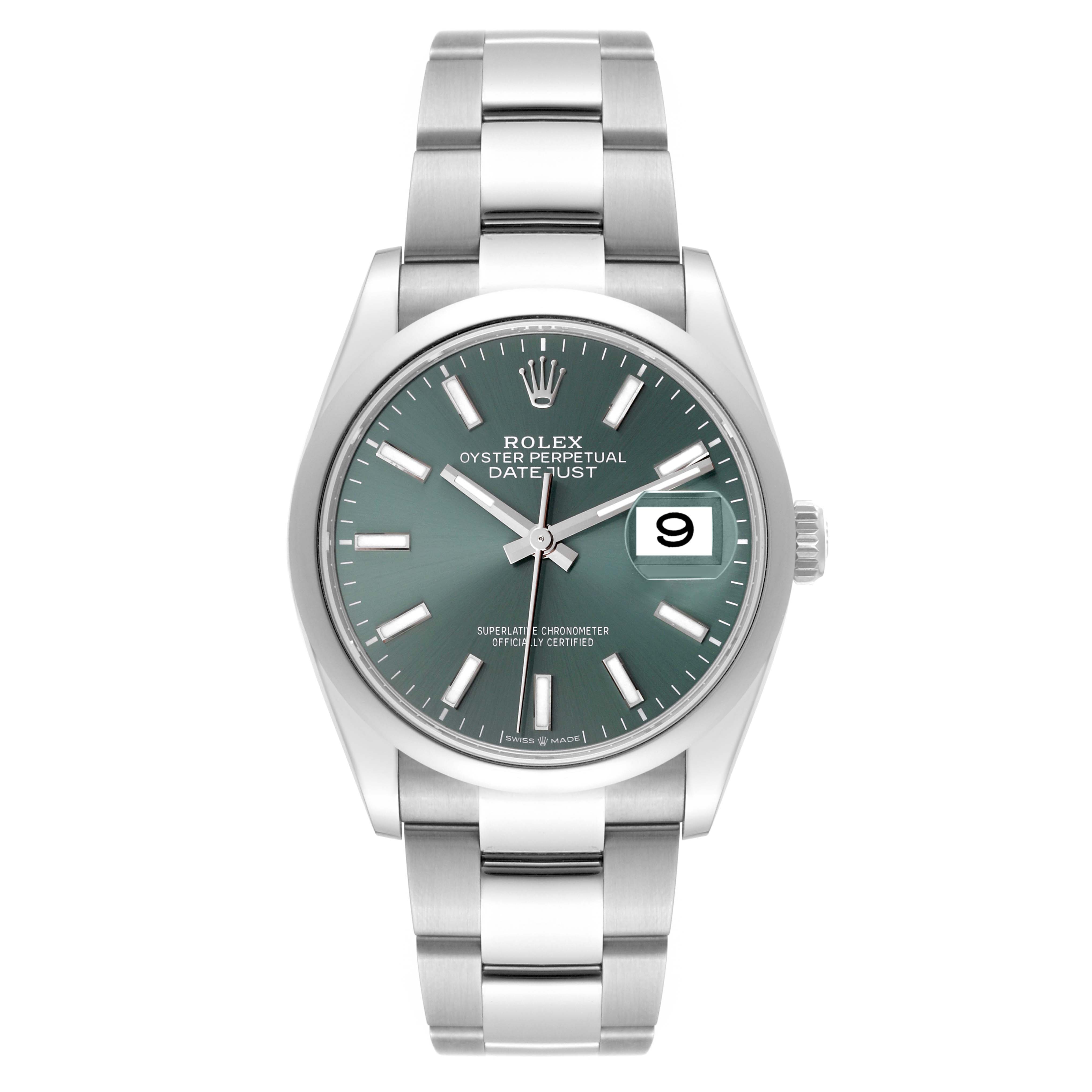 This image shows a frontal view of the Rolex Datejust 126200 Men's Stainless Steel Green Dial 126200 Men's Stainless Steel Green Dial watch, highlighting its dial, bracelet, and date window.