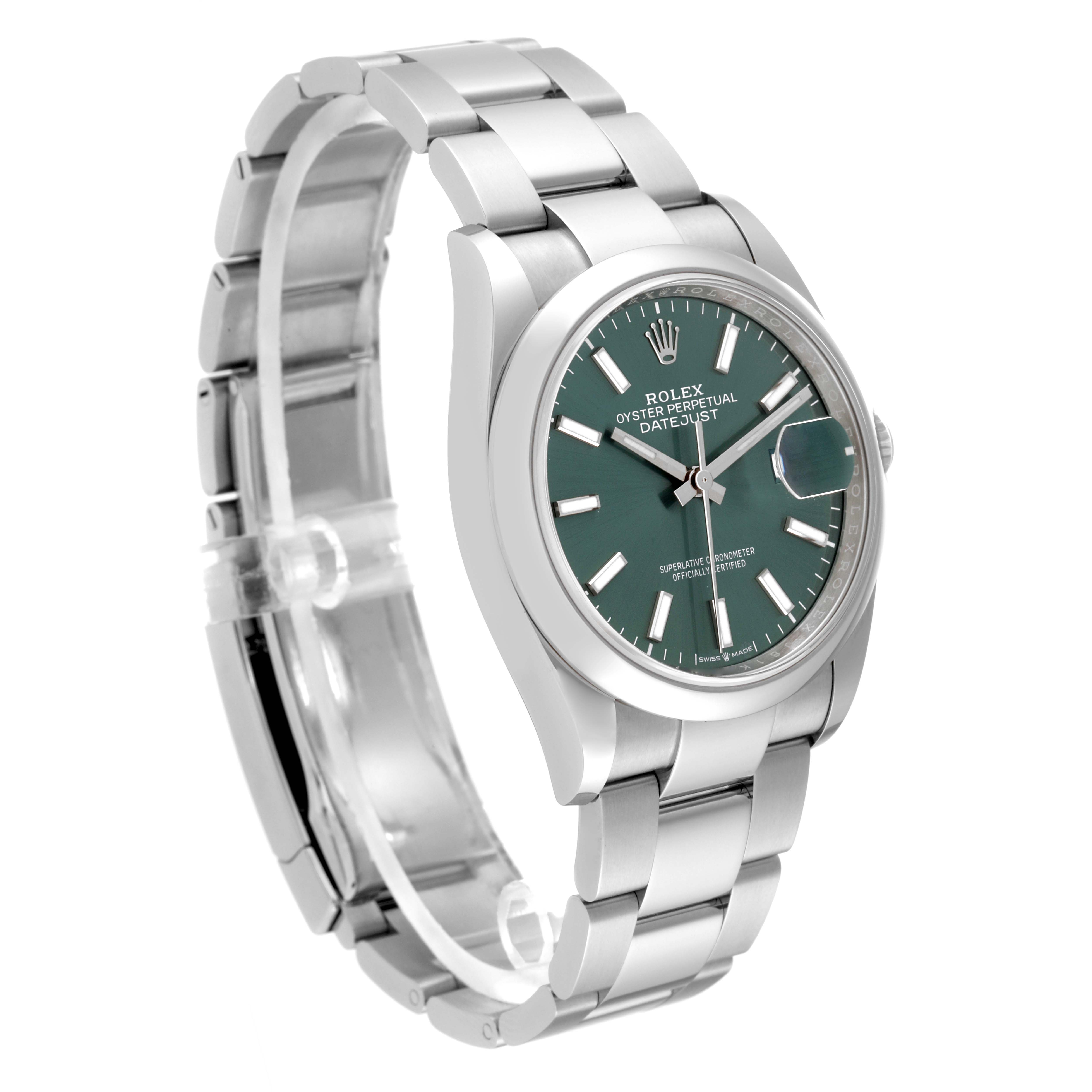 The Rolex Datejust 126200 Men's Stainless Steel Green Dial 126200 Men's Stainless Steel Green Dial watch is shown at a three-quarter angle, highlighting its face, bezel, and bracelet.