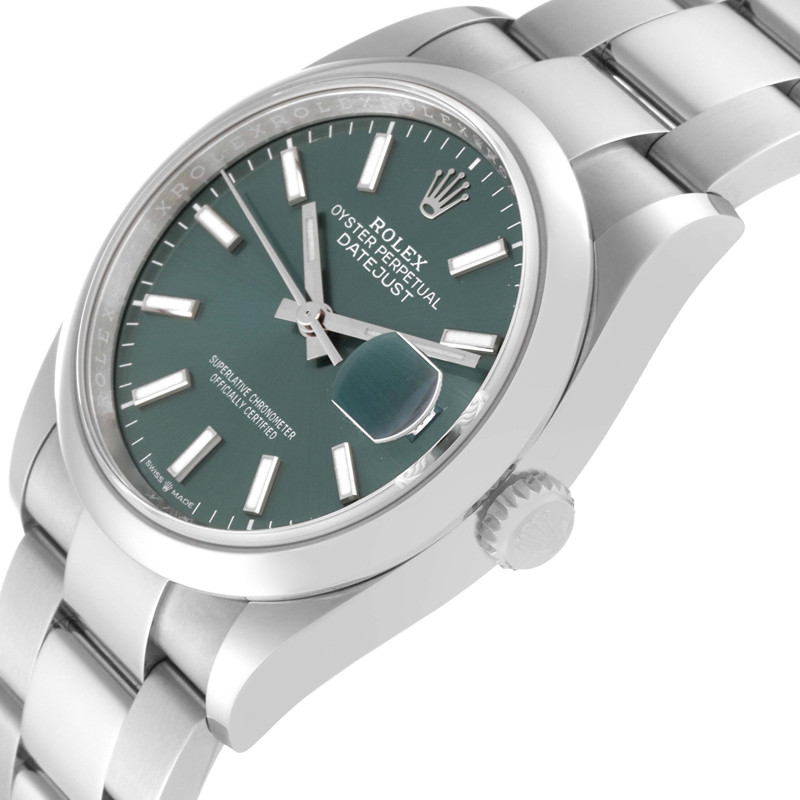 The angled view showcases the dial, bezel, and part of the bracelet of the Rolex Datejust 126200 Men's Stainless Steel Green Dial 126200 Men's Stainless Steel Green Dial watch.