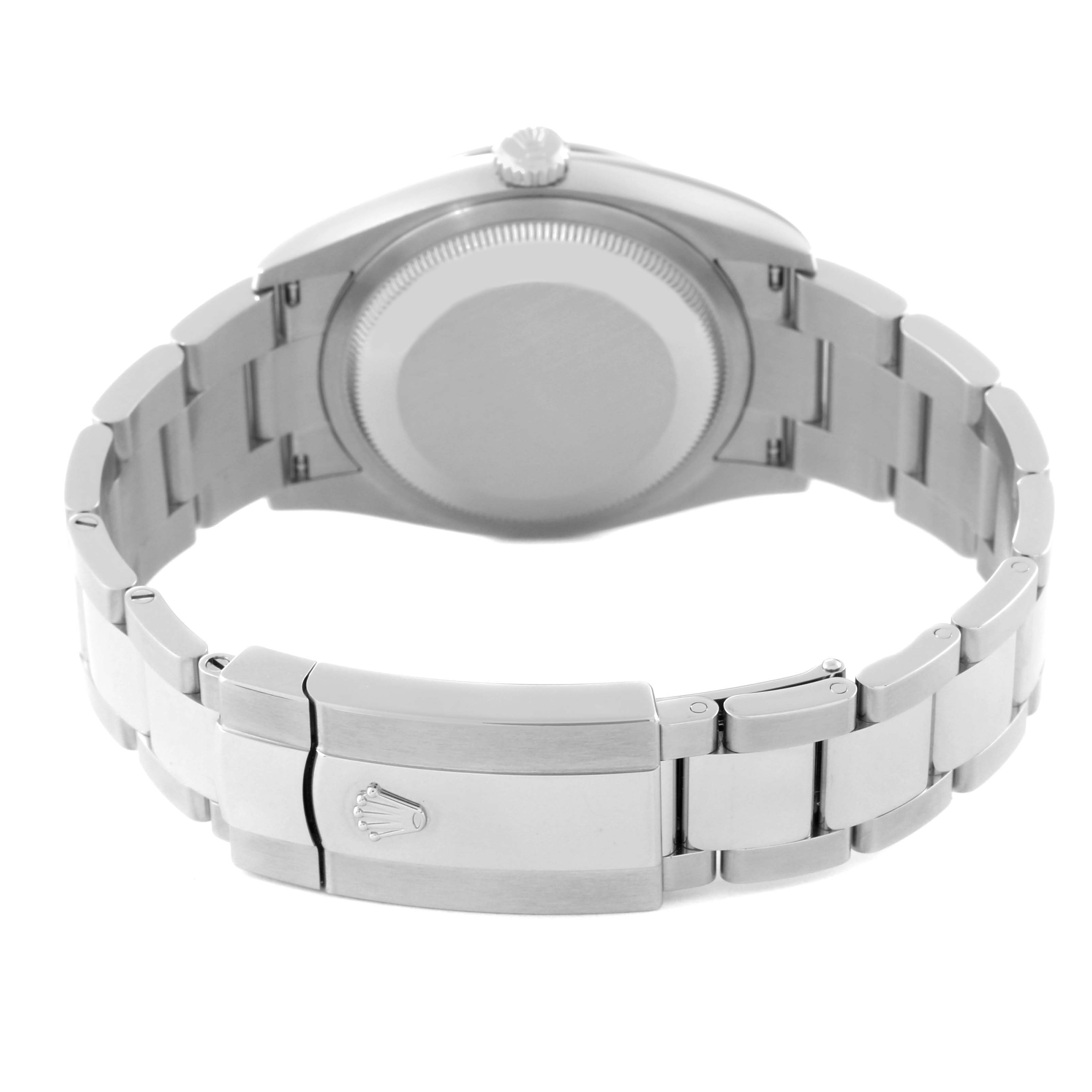 The image shows the back case and the clasp of the bracelet of a Rolex Datejust 126200 Men's Stainless Steel Green Dial 126200 Men's Stainless Steel Green Dial watch.