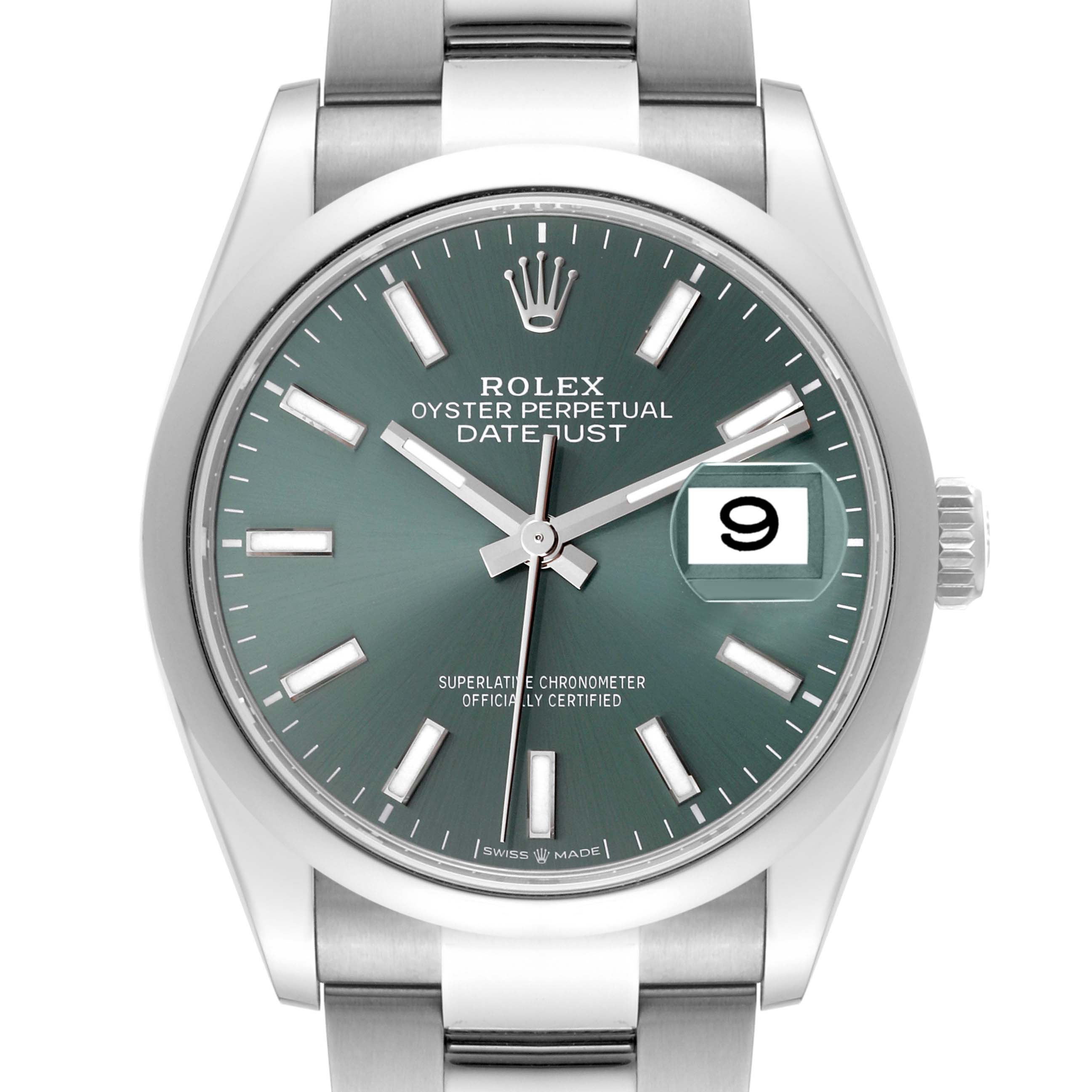 The image shows a front view of a Rolex Datejust 126200 Men's Stainless Steel Green Dial 126200 Men's Stainless Steel Green Dial watch, featuring the dial, bezel, bracelet, and crown.