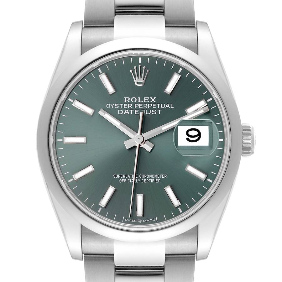 Rolex Datejust Mint Green Dial Domed Bezel Steel Mens Watch 126200 Unworn SwissWatchExpo
