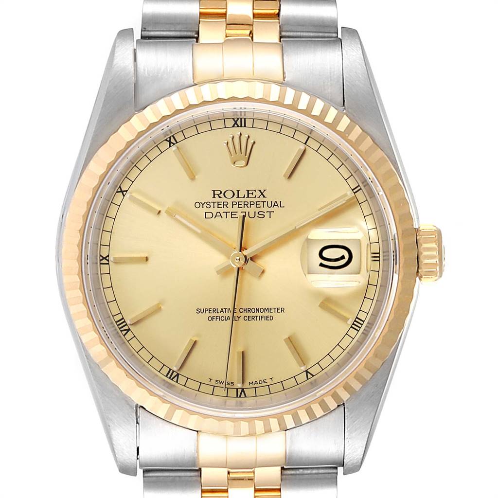 This image shows a front view of the Rolex Datejust 16233 Men
s Steel and Gold (two tone) Champagne Dial 16233 Men
s Steel and Gold (two tone) Champagne Dial watch, displaying the dial, bezel, and part of the bracelet.