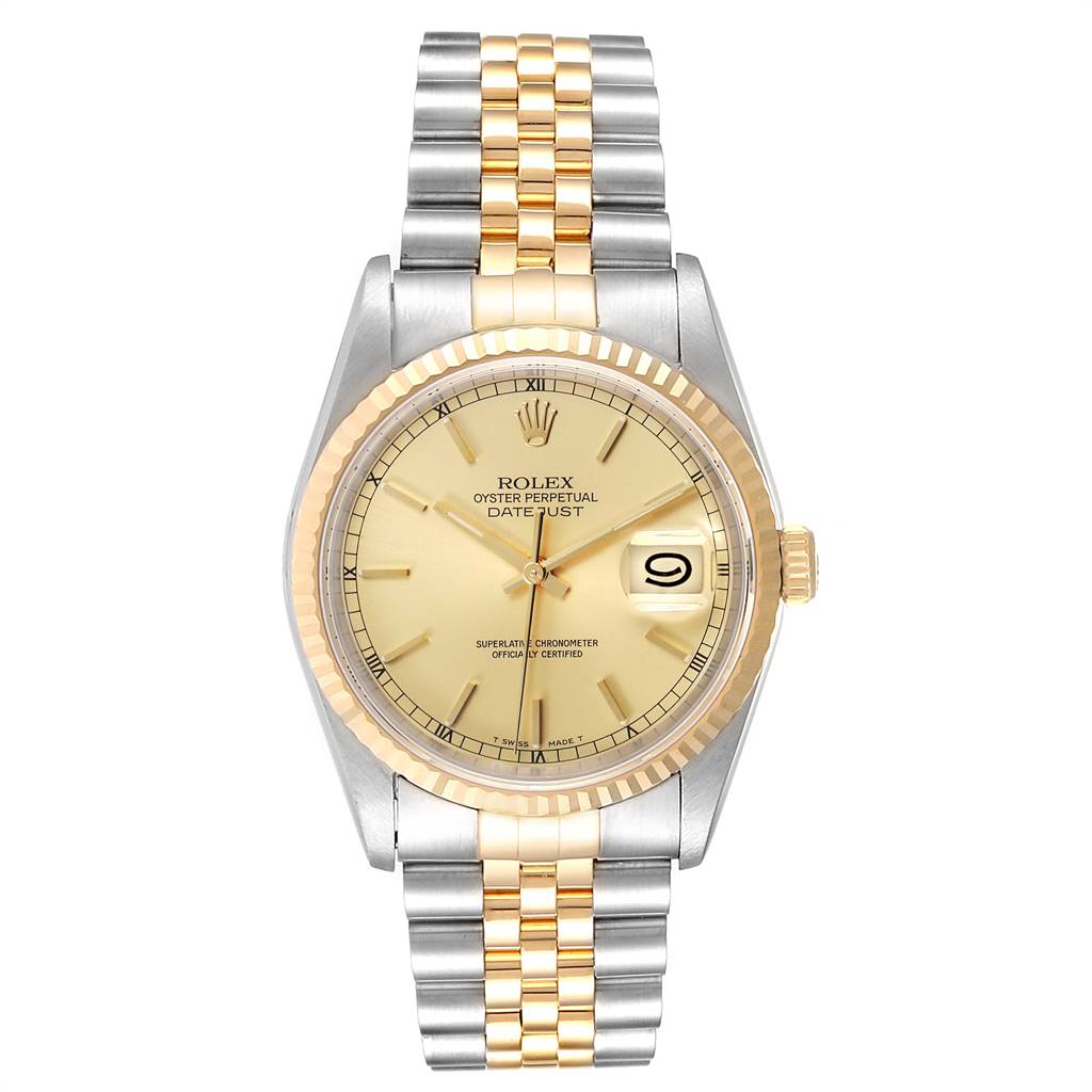 This is a frontal view of a Rolex Datejust 16233 Men
s Steel and Gold (two tone) Champagne Dial 16233 Men
s Steel and Gold (two tone) Champagne Dial watch, showing the face, bracelet, and crown.