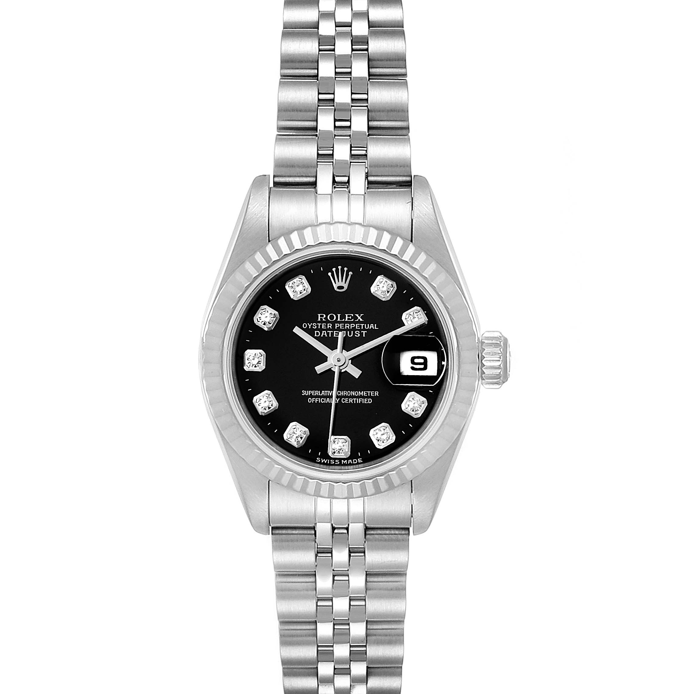 The image shows a front view of a Rolex Datejust 79174 Women's Stainless Steel Black Dial 79174 Women's Stainless Steel Black Dial, featuring its bezel, dial, markers, and bracelet.