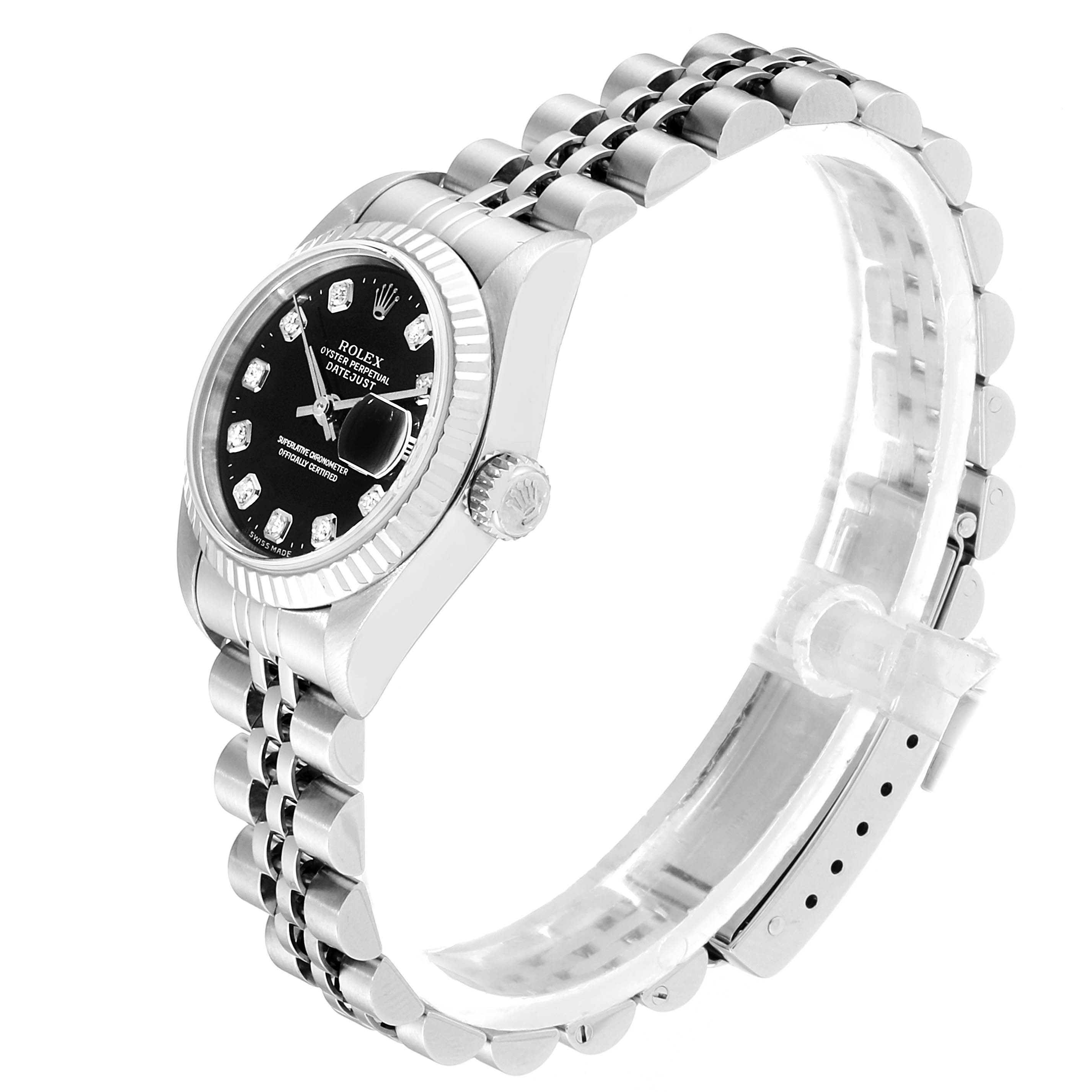 This image shows a Rolex Datejust 79174 Women's Stainless Steel Black Dial 79174 Women's Stainless Steel Black Dial watch from a side angle, displaying the case, bezel, crown, dial, and bracelet.