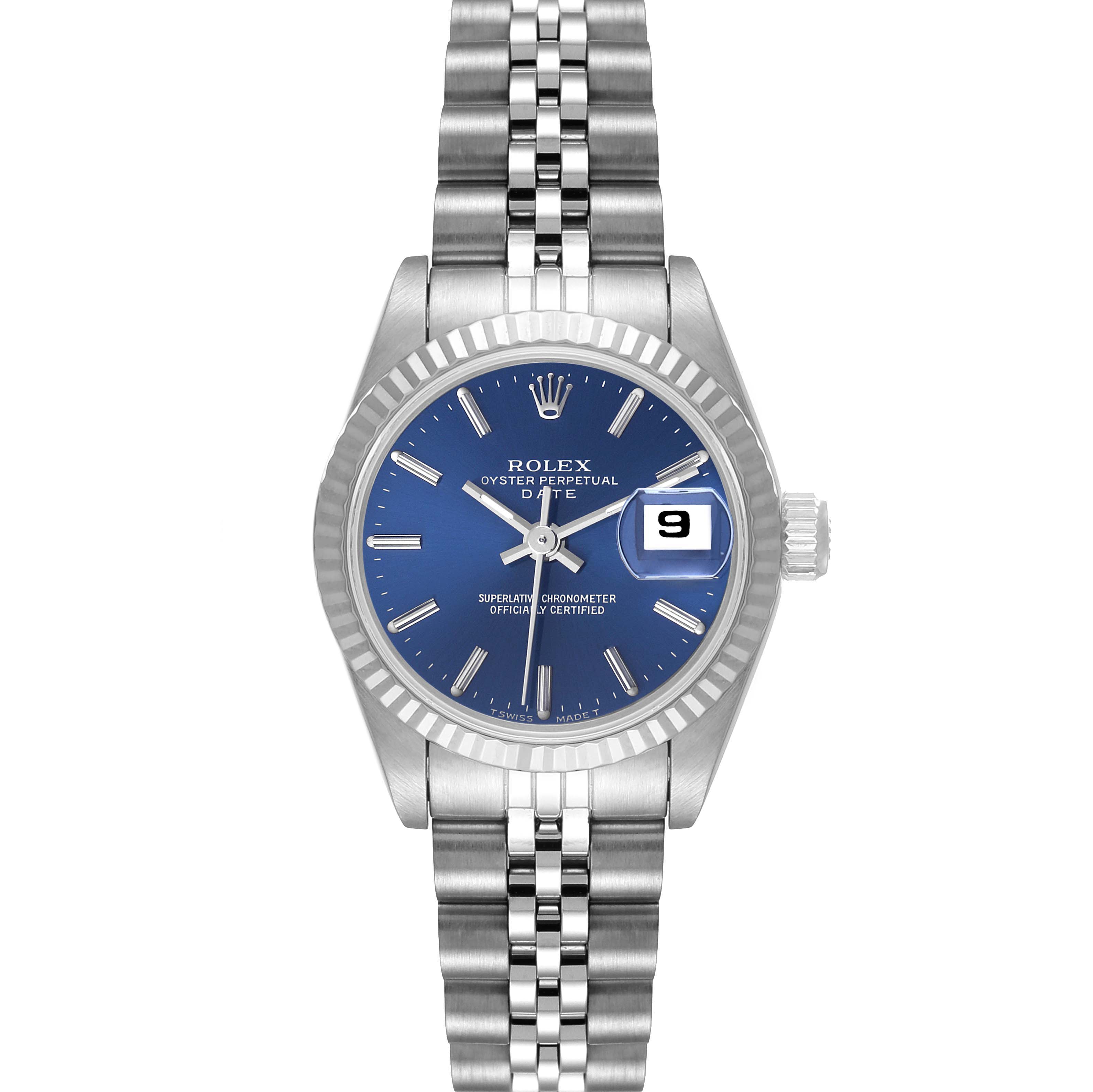 The Rolex Datejust 69174 Women's Stainless Steel Blue Dial 69174 Women's Stainless Steel Blue Dial watch is shown from a front angle, displaying its blue dial, date window, fluted bezel, and Jubilee bracelet.