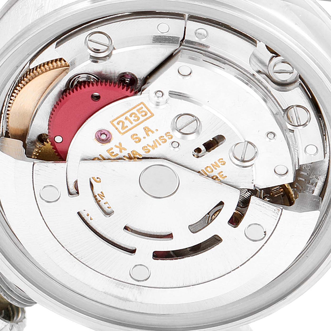 The image shows the movement mechanism of a Rolex Datejust 69174 Women's Stainless Steel Blue Dial 69174 Women's Stainless Steel Blue Dial watch from the back angle.