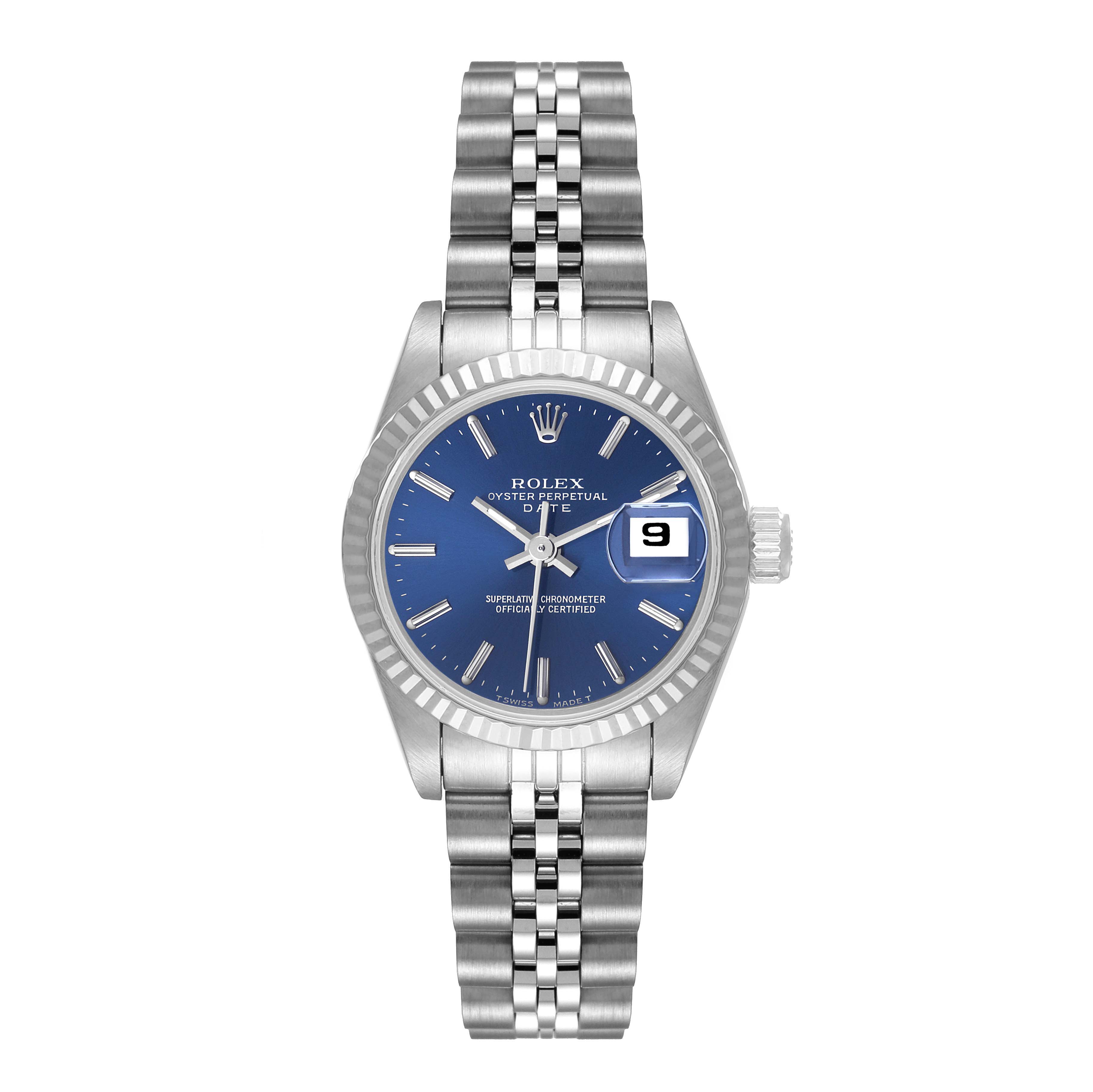 This is a front angle view of the Rolex Datejust 69174 Women's Stainless Steel Blue Dial 69174 Women's Stainless Steel Blue Dial model, showing the dial, bezel, bracelet, and date window.
