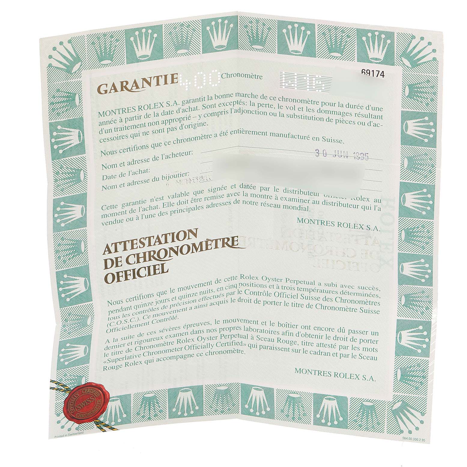 This image shows a flat, unfolded guarantee certificate for a Rolex Datejust 69174 Women's Stainless Steel Blue Dial 69174 Women's Stainless Steel Blue Dial watch.