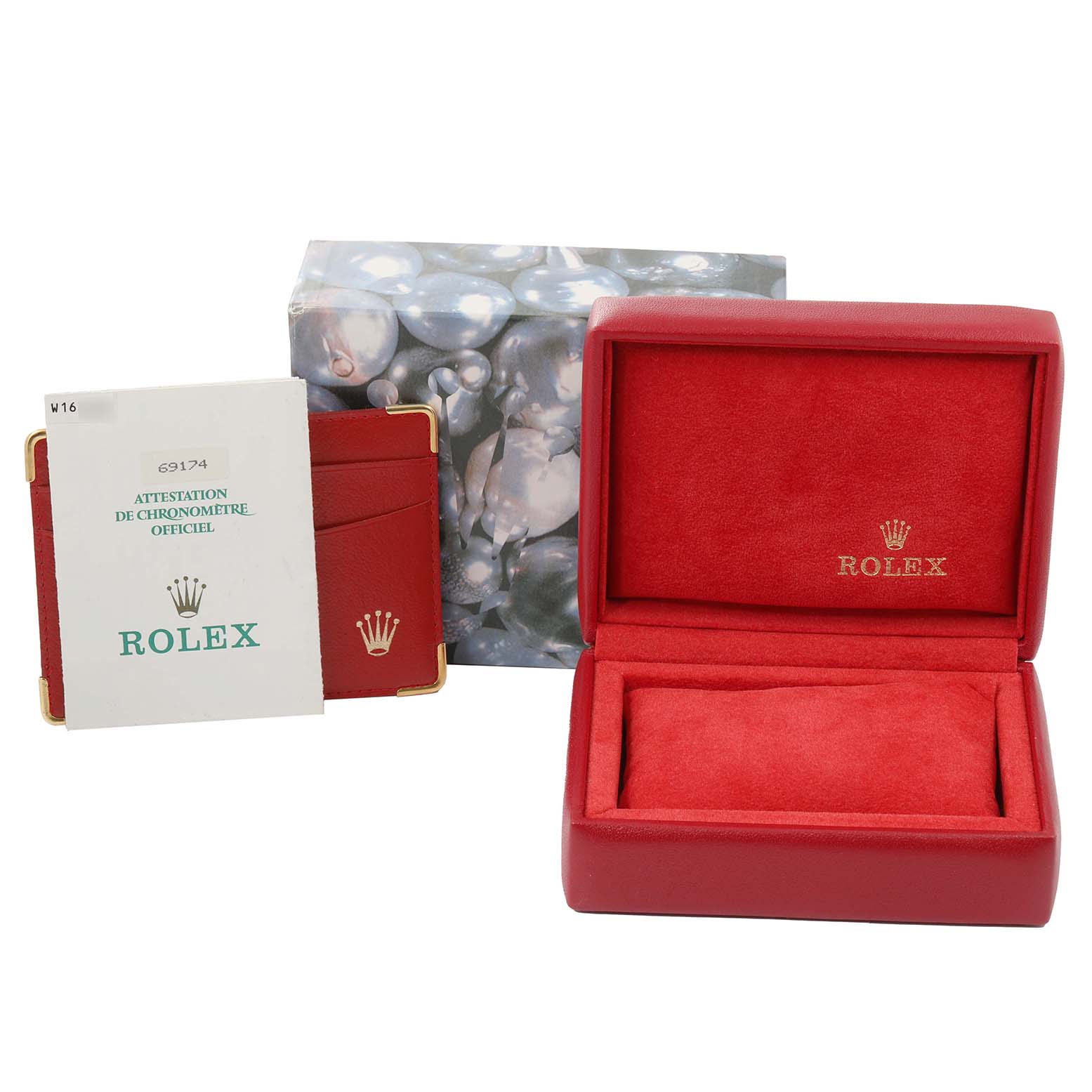 The image shows a Rolex Datejust 69174 Women's Stainless Steel Blue Dial 69174 Women's Stainless Steel Blue Dial box, a certification cardholder, and an outer packaging box from a front angle.