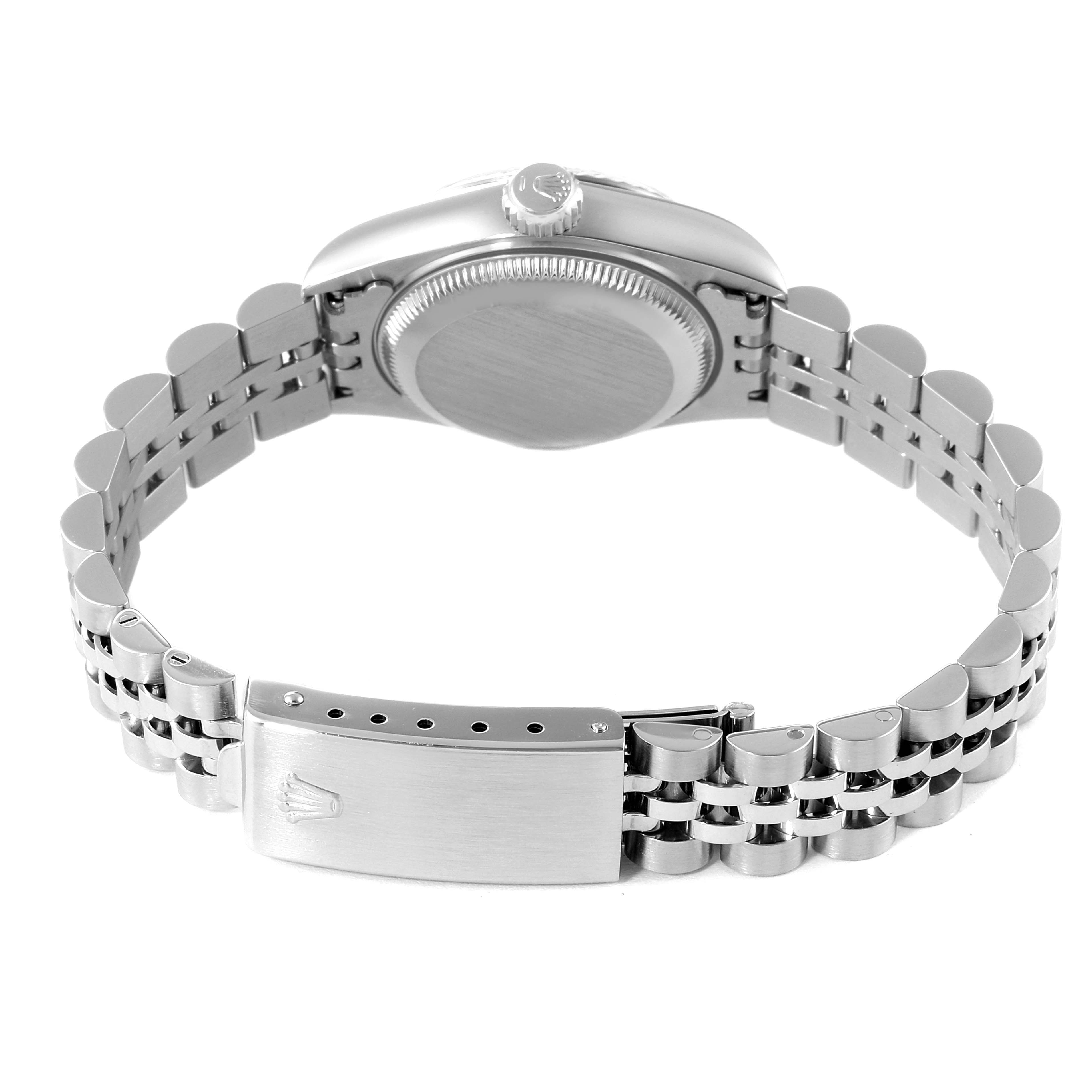 The image shows the back of the case and bracelet of a Rolex Datejust 69174 Women's Stainless Steel Blue Dial 69174 Women's Stainless Steel Blue Dial watch, highlighting the clasp and links.