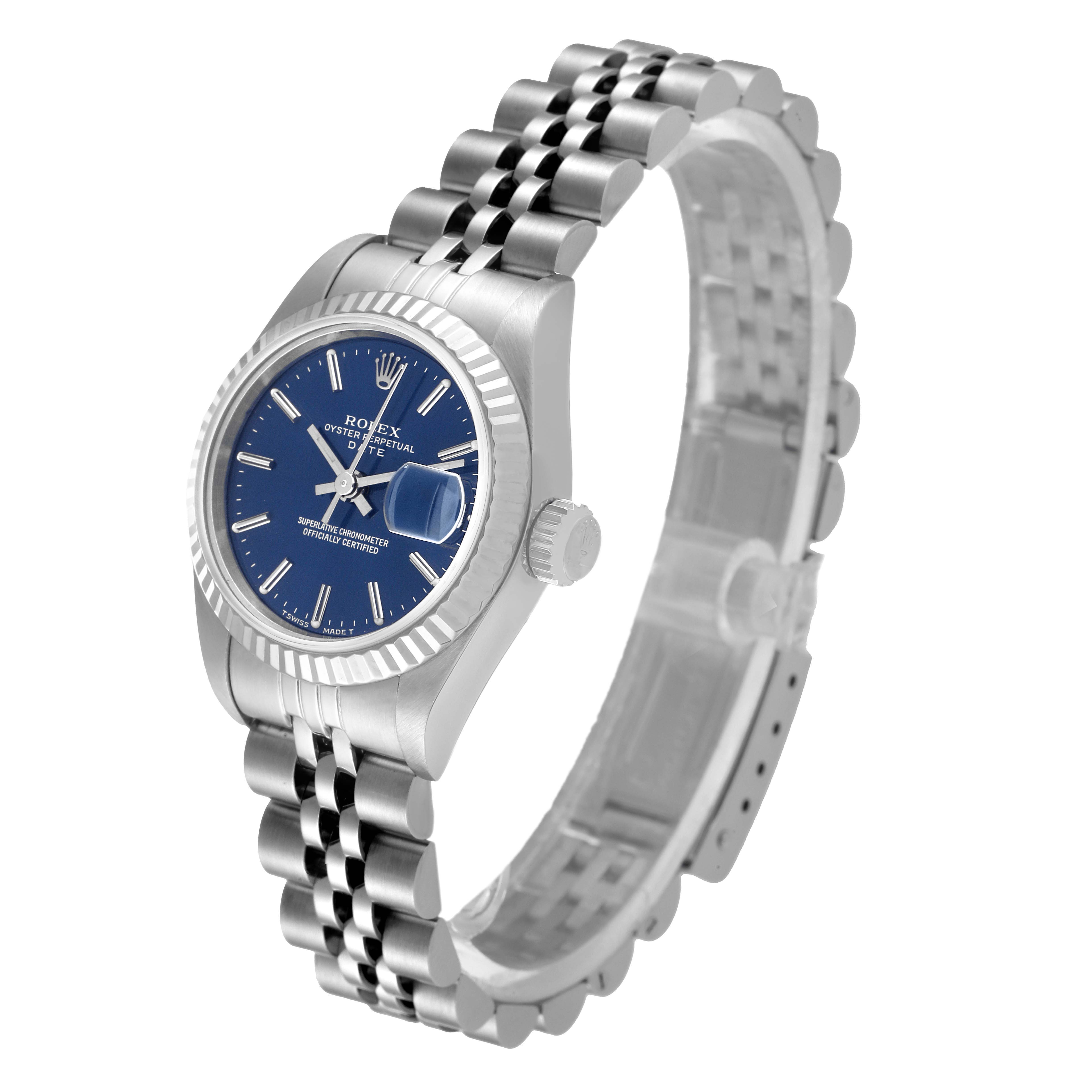 The image shows a Rolex Datejust 69174 Women's Stainless Steel Blue Dial 69174 Women's Stainless Steel Blue Dial watch at a slight angle, displaying its face, fluted bezel, crown, and jubilee bracelet.