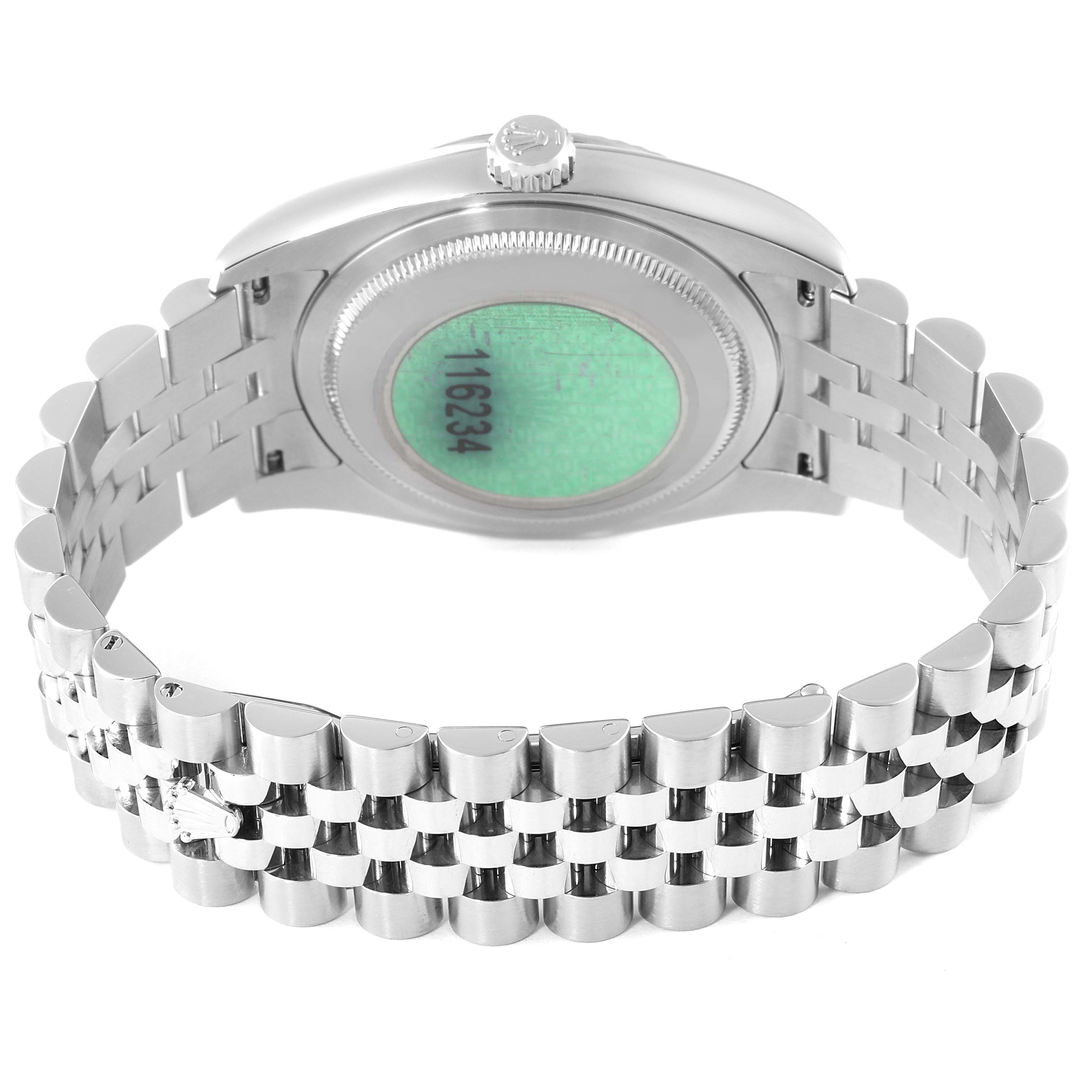 The image shows the back view of a Rolex Datejust 116234 Men's Stainless Steel Silver Dial 116234 Men's Stainless Steel Silver Dial watch, highlighting its case back and Jubilee bracelet.