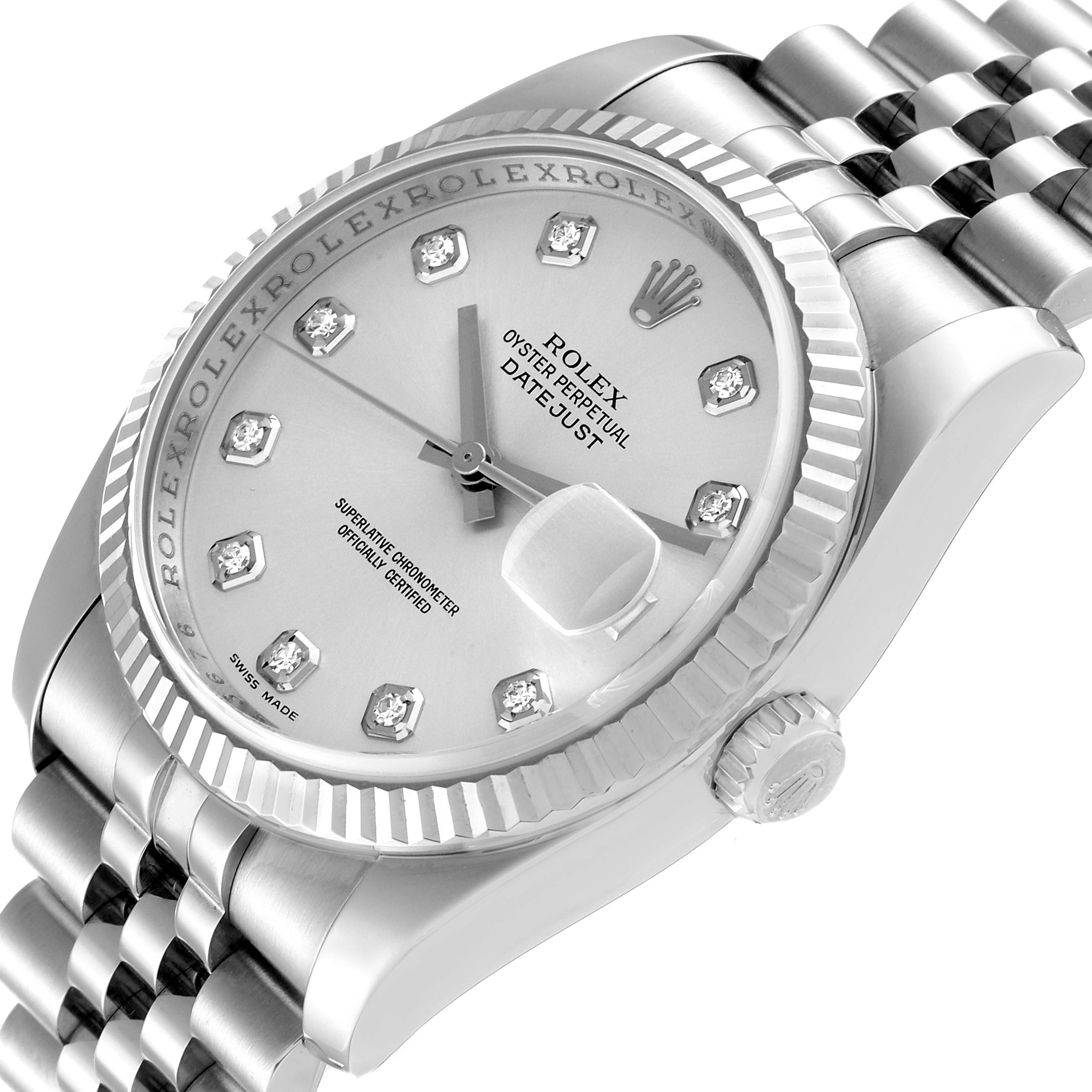 This image shows an angled close-up of the Rolex Datejust 116234 Men's Stainless Steel Silver Dial 116234 Men's Stainless Steel Silver Dial watch, highlighting the silver dial, diamond markers, bezel, and part of the bracelet.