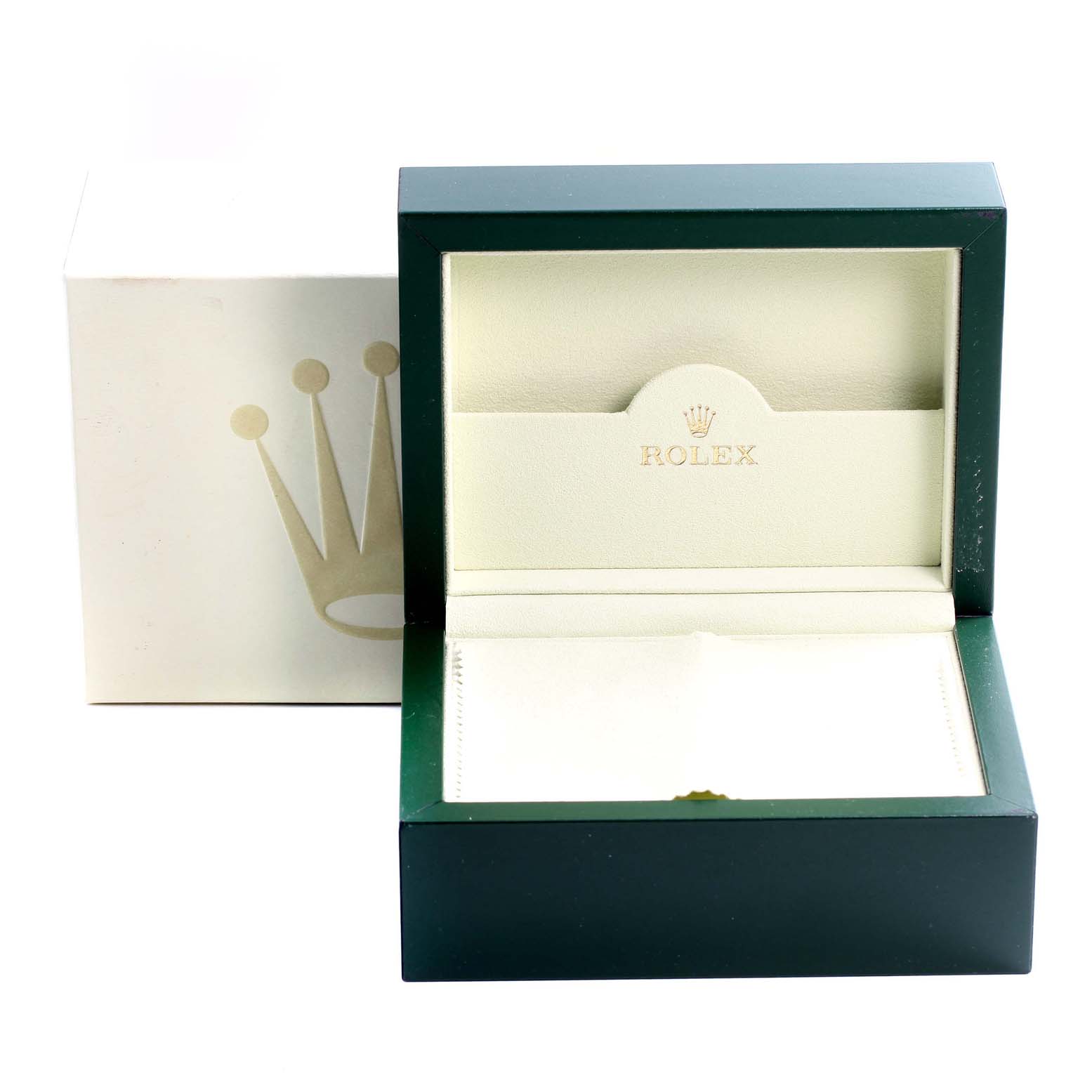 The image shows an empty Rolex Datejust 116234 Men's Stainless Steel Silver Dial 116234 Men's Stainless Steel Silver Dial watch box, open with a green exterior and cream interior, with the outer packaging visible in the background.