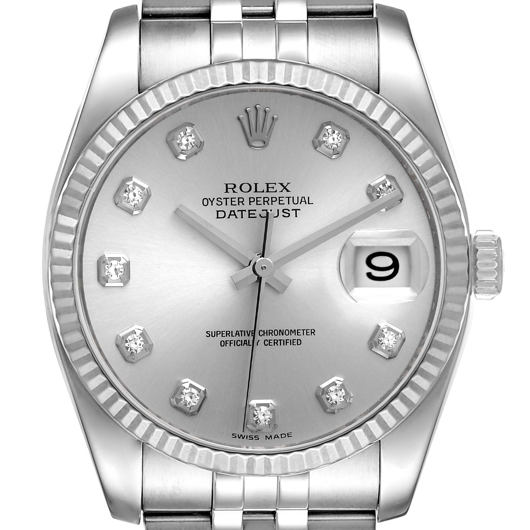 This image shows the front of a Rolex Datejust 116234 Men's Stainless Steel Silver Dial 116234 Men's Stainless Steel Silver Dial watch, highlighting the face, dial, date window, and part of the bracelet.