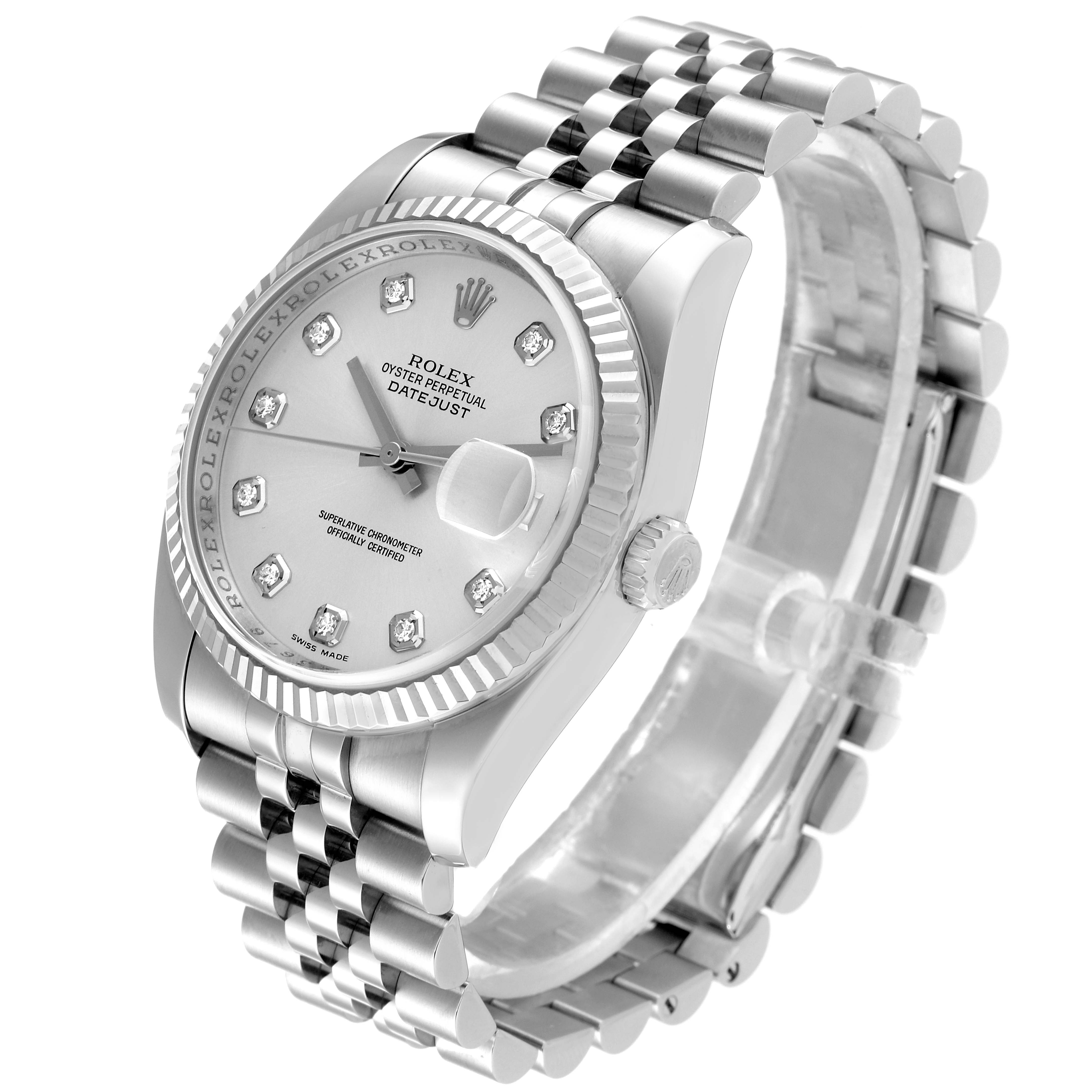 This image shows a Rolex Datejust 116234 Men's Stainless Steel Silver Dial 116234 Men's Stainless Steel Silver Dial watch from a slightly angled top view, highlighting its dial, bezel, and bracelet.
