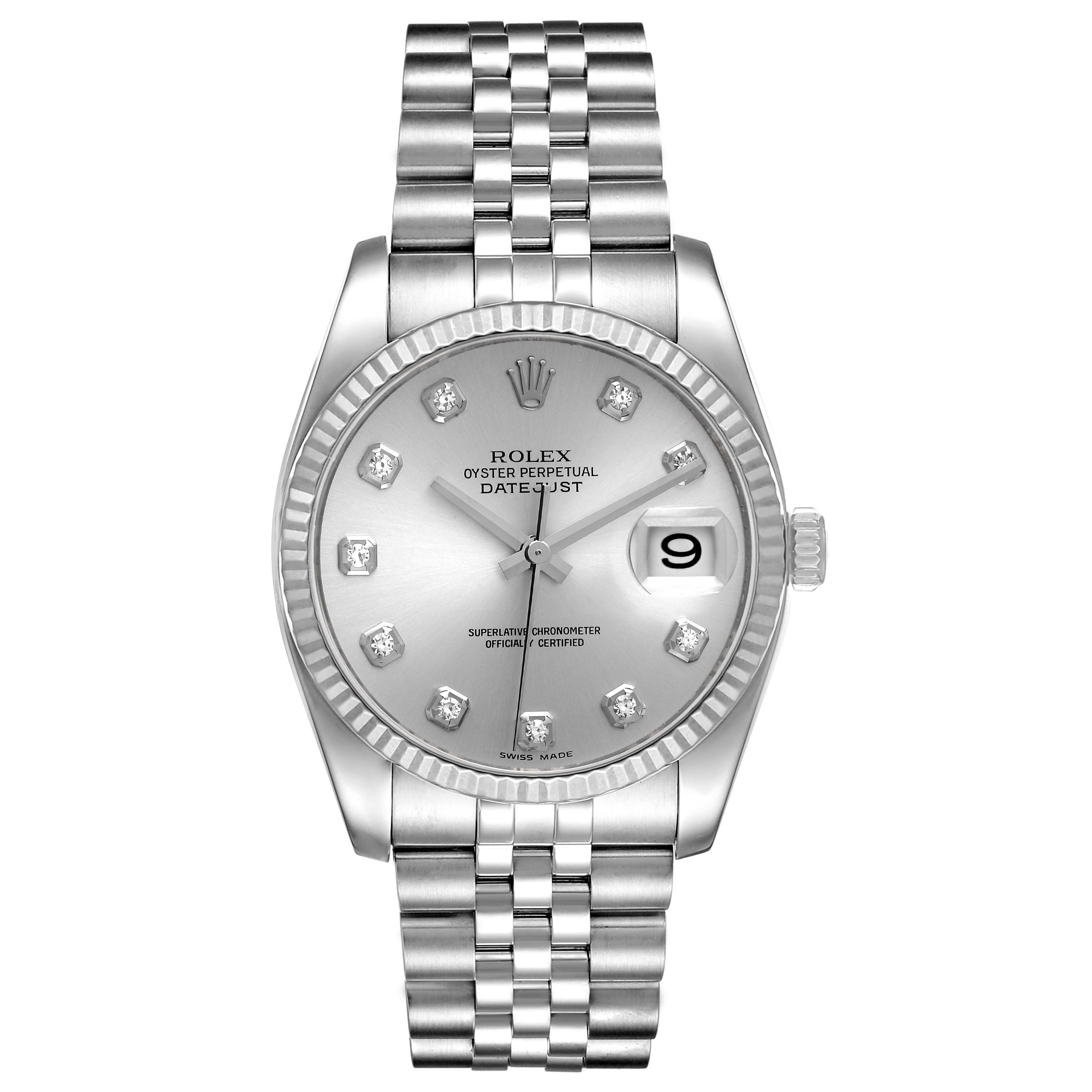 This image shows a front view of the Rolex Datejust 116234 Men's Stainless Steel Silver Dial 116234 Men's Stainless Steel Silver Dial watch, highlighting its dial, hands, date window, and bracelet.