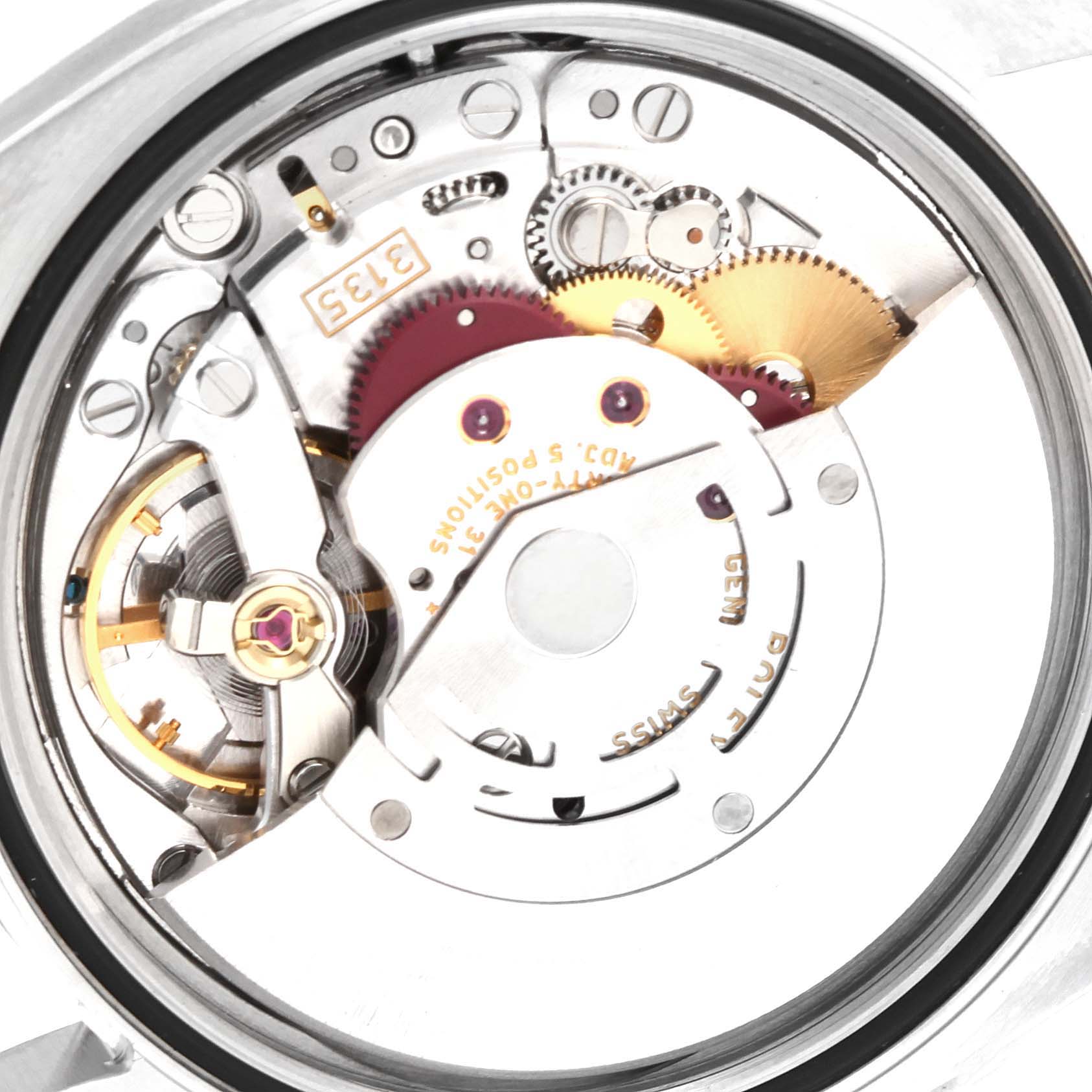 The image shows the internal movement mechanism of the Rolex Datejust 116234 Men's Stainless Steel Silver Dial 116234 Men's Stainless Steel Silver Dial watch, viewed from the back.