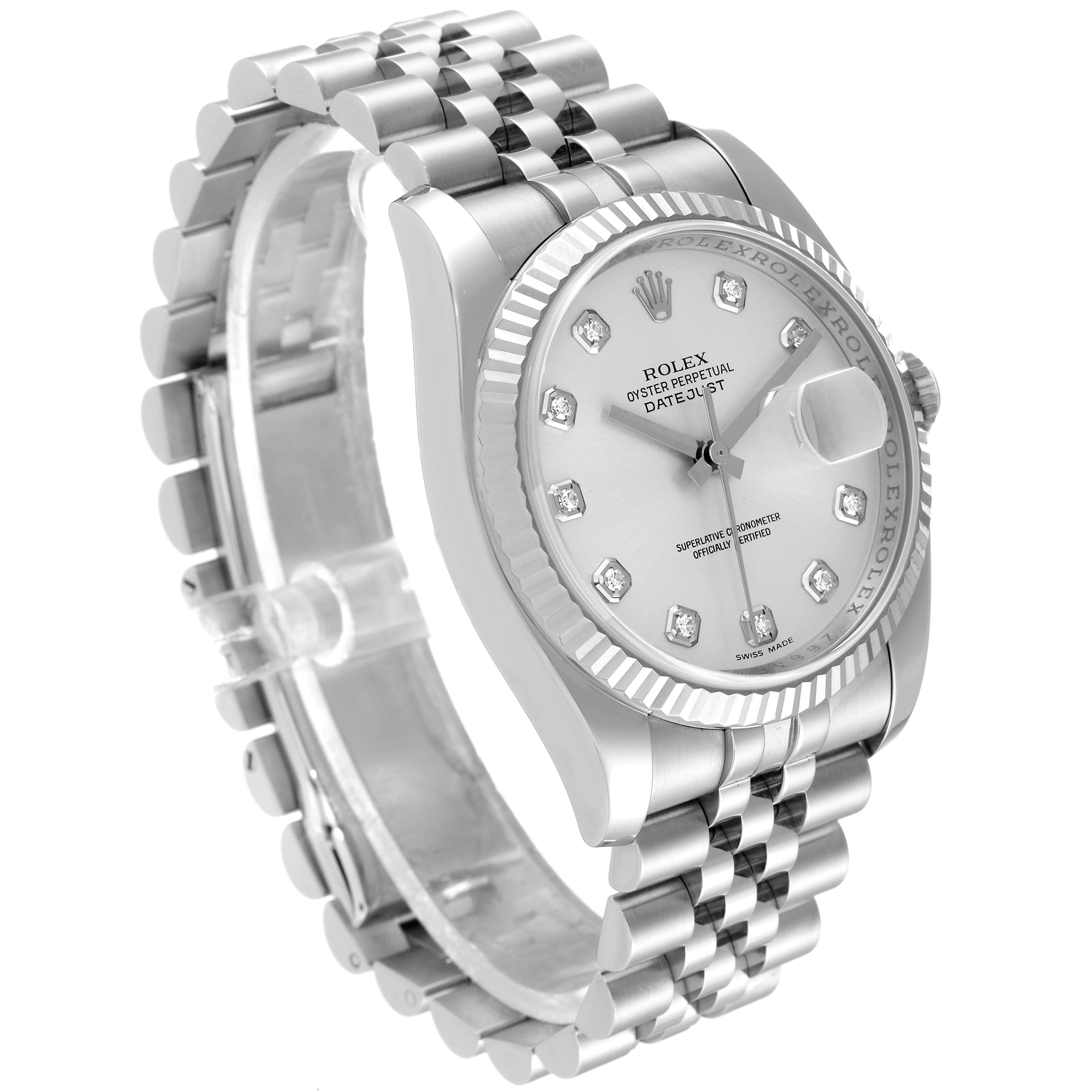 The Rolex Datejust 116234 Men's Stainless Steel Silver Dial 116234 Men's Stainless Steel Silver Dial watch is shown at an angle highlighting the face, bezel, and part of the bracelet.