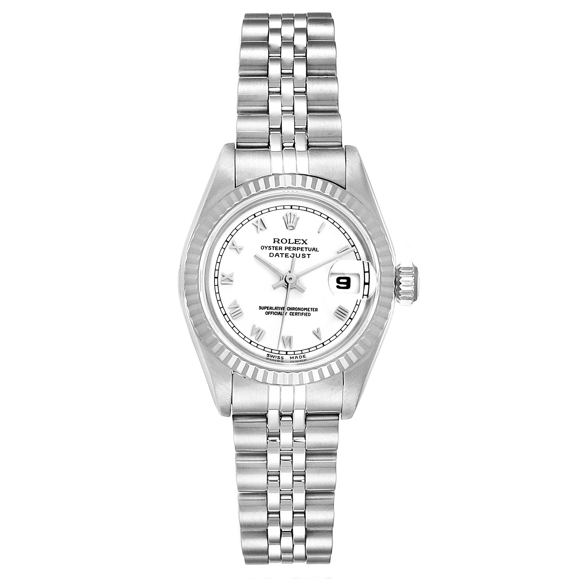 This is a frontal view of the Rolex Datejust 69174 Women's Stainless Steel White Dial 69174 Women's Stainless Steel White Dial watch displaying the dial, bezel, crown, and bracelet.