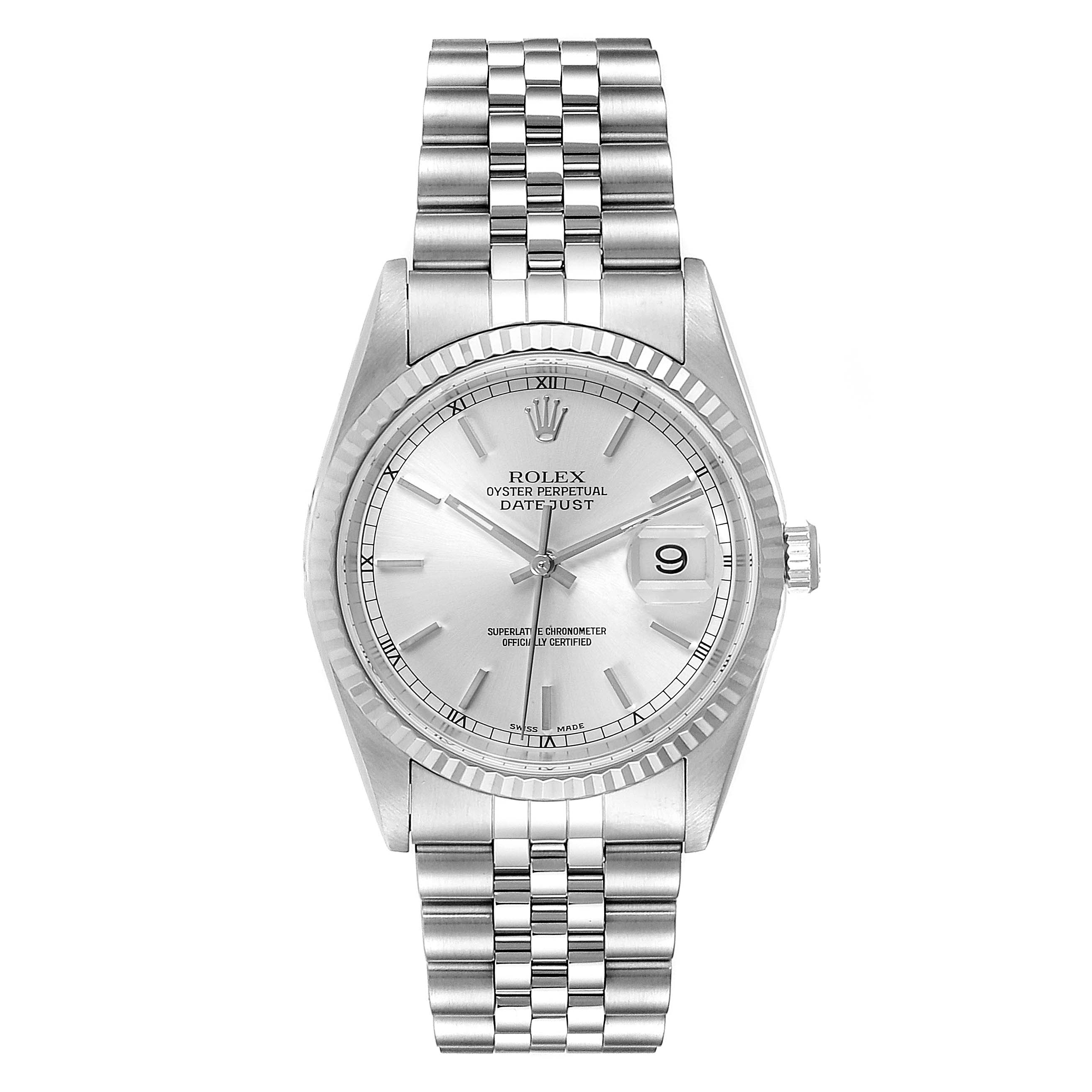 The image displays a front view of a Rolex Datejust 16234 Men's Stainless Steel Silver Dial 16234 Men's Stainless Steel Silver Dial watch, showcasing the dial, bezel, crown, and bracelet.