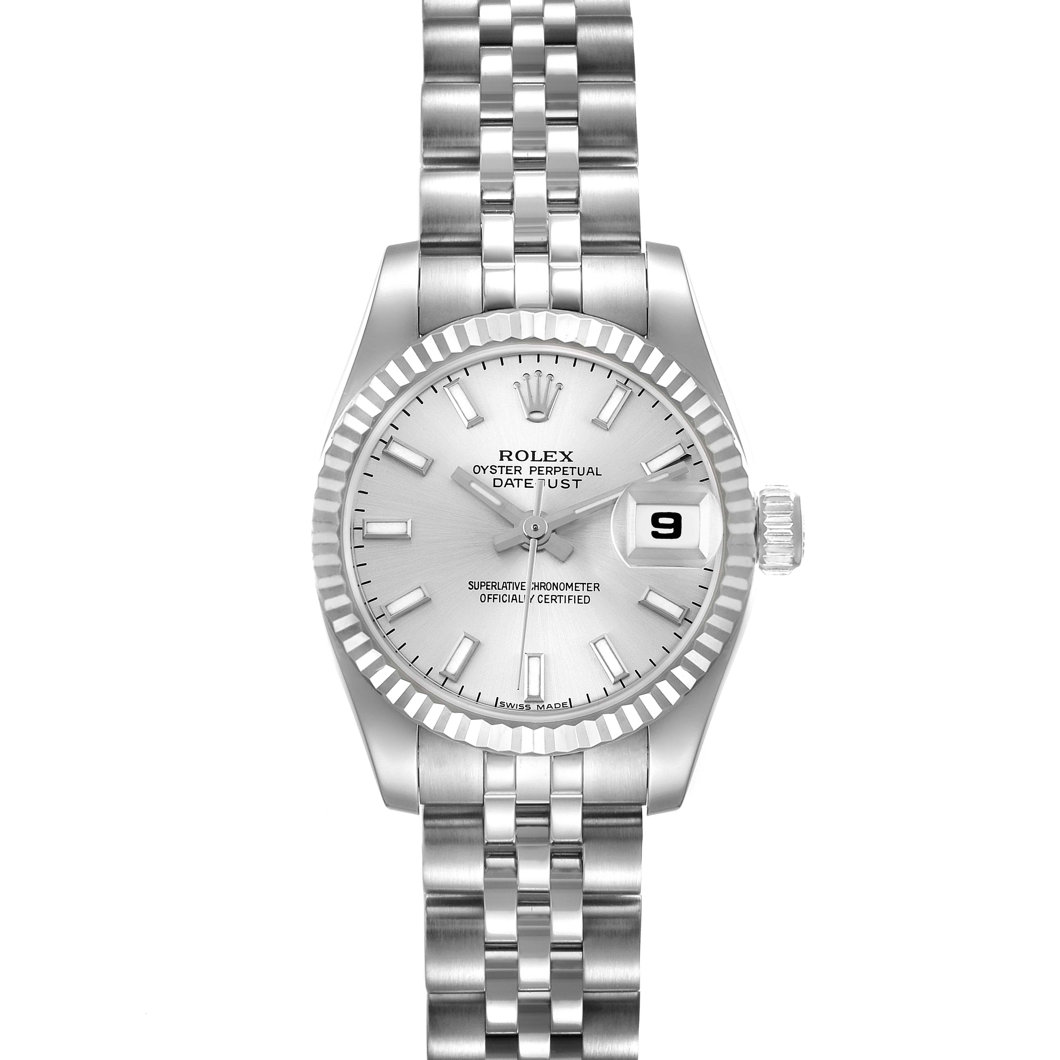 The image shows a front view of a Rolex Datejust 179174 Women
s Stainless Steel Silver Dial 179174 Women
s Stainless Steel Silver Dial watch, displaying its dial, bracelet, and date window.