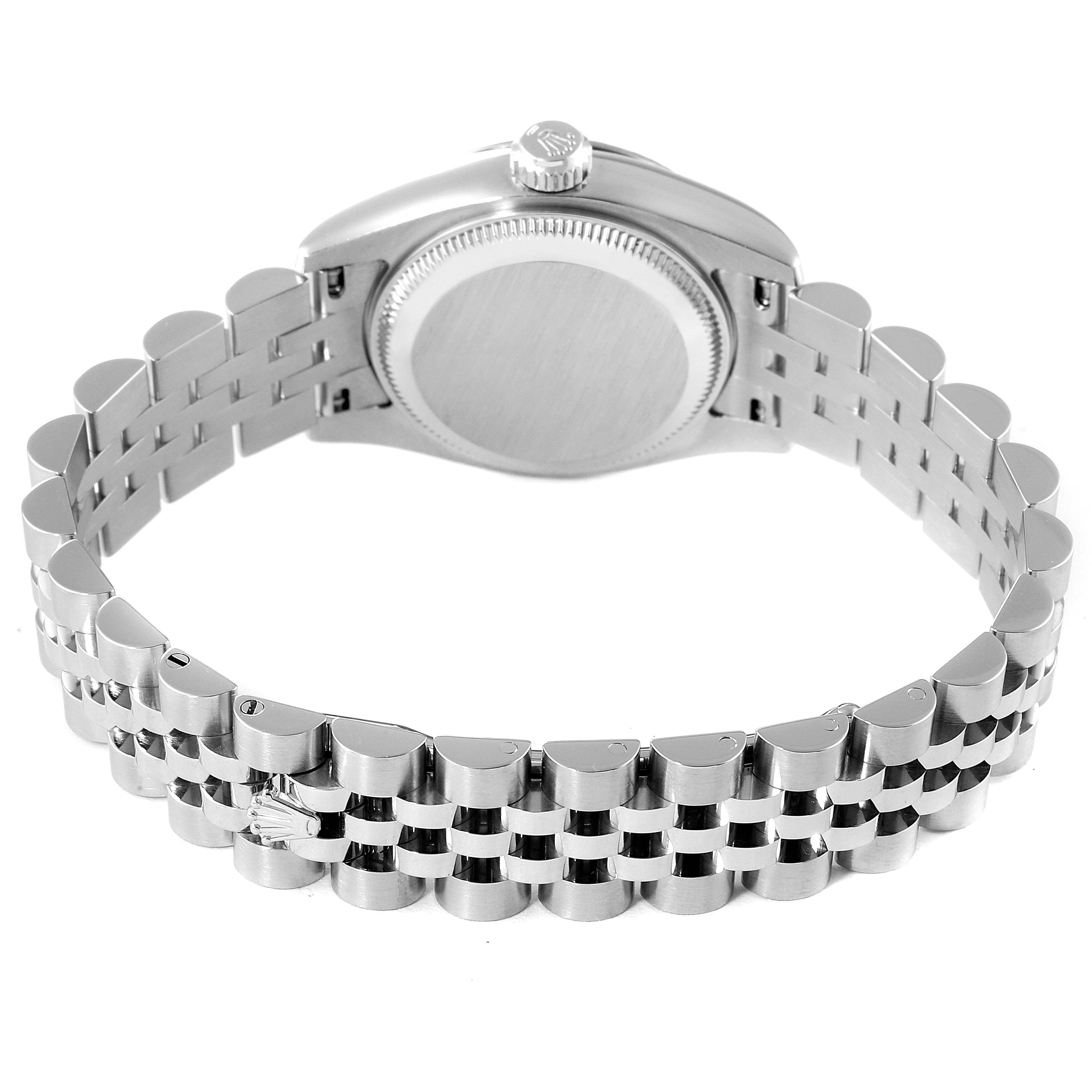 This image shows the back and bracelet of a Rolex Datejust 179174 Women
s Stainless Steel Silver Dial 179174 Women
s Stainless Steel Silver Dial watch from a rear angle.