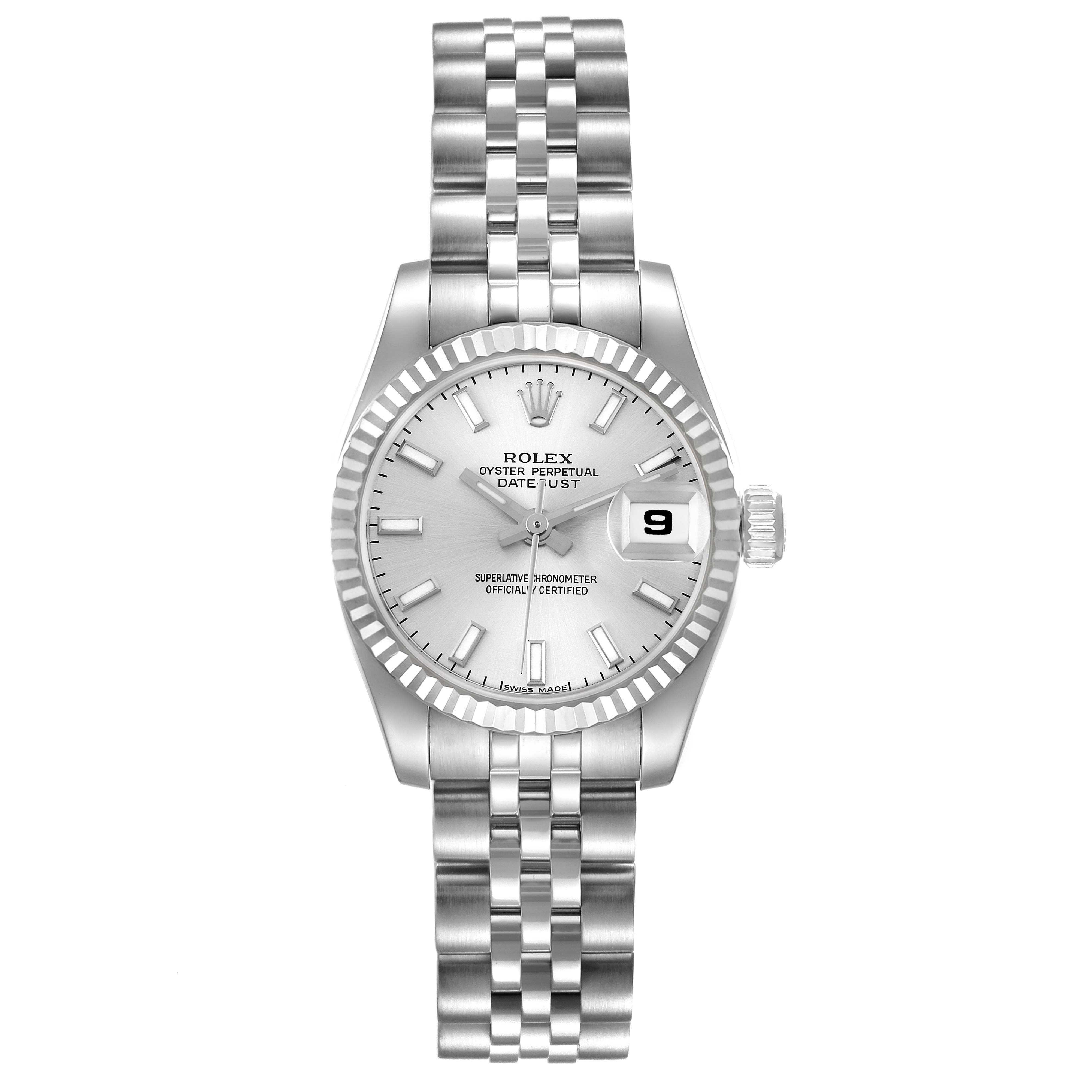 The Rolex Datejust 179174 Women
s Stainless Steel Silver Dial 179174 Women
s Stainless Steel Silver Dial watch is shown in a frontal view, displaying the dial, bezel, crown, and bracelet.