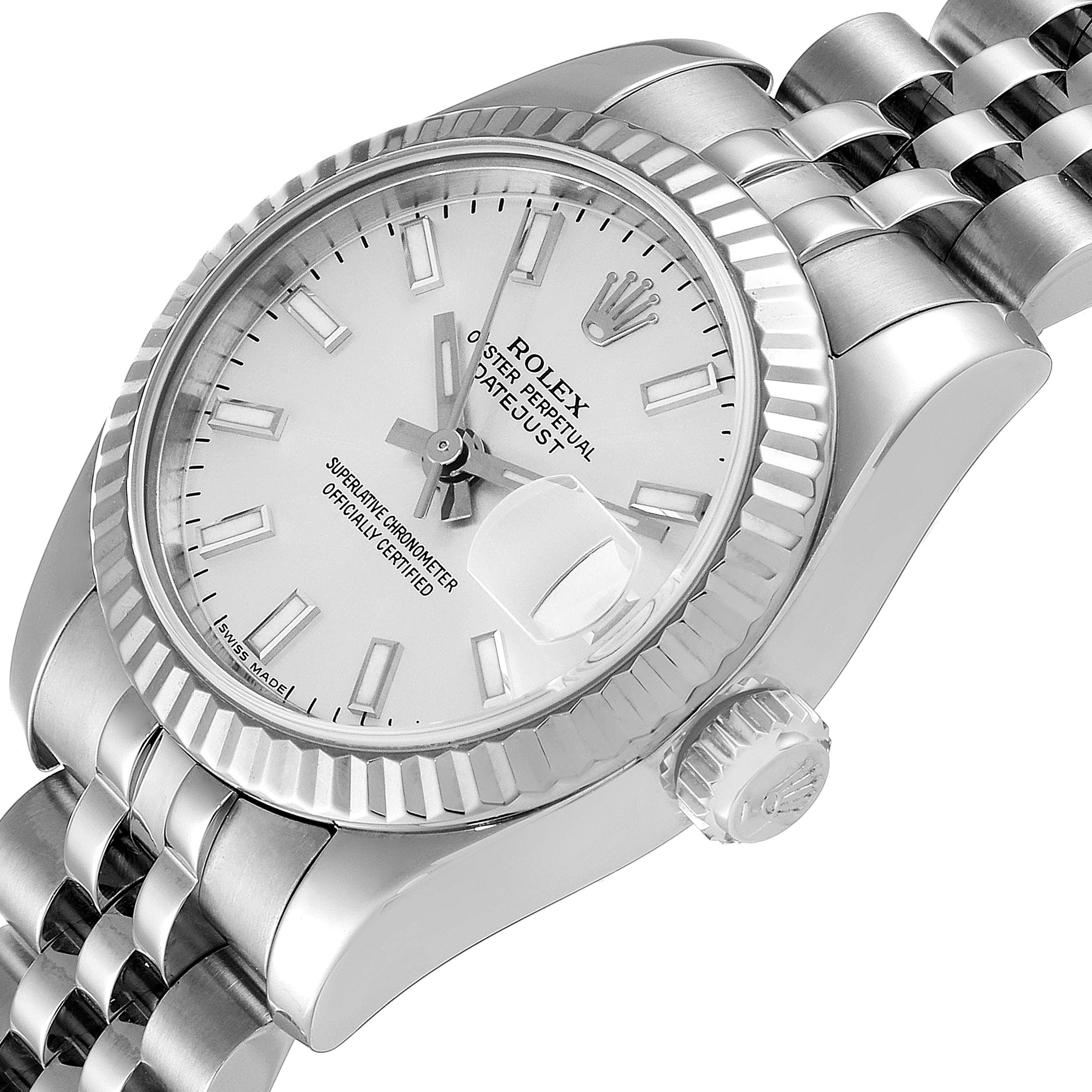 The image shows the Rolex Datejust 179174 Women
s Stainless Steel Silver Dial 179174 Women
s Stainless Steel Silver Dial watch from a three-quarter angle, displaying the dial, bezel, crown, and part of the bracelet.