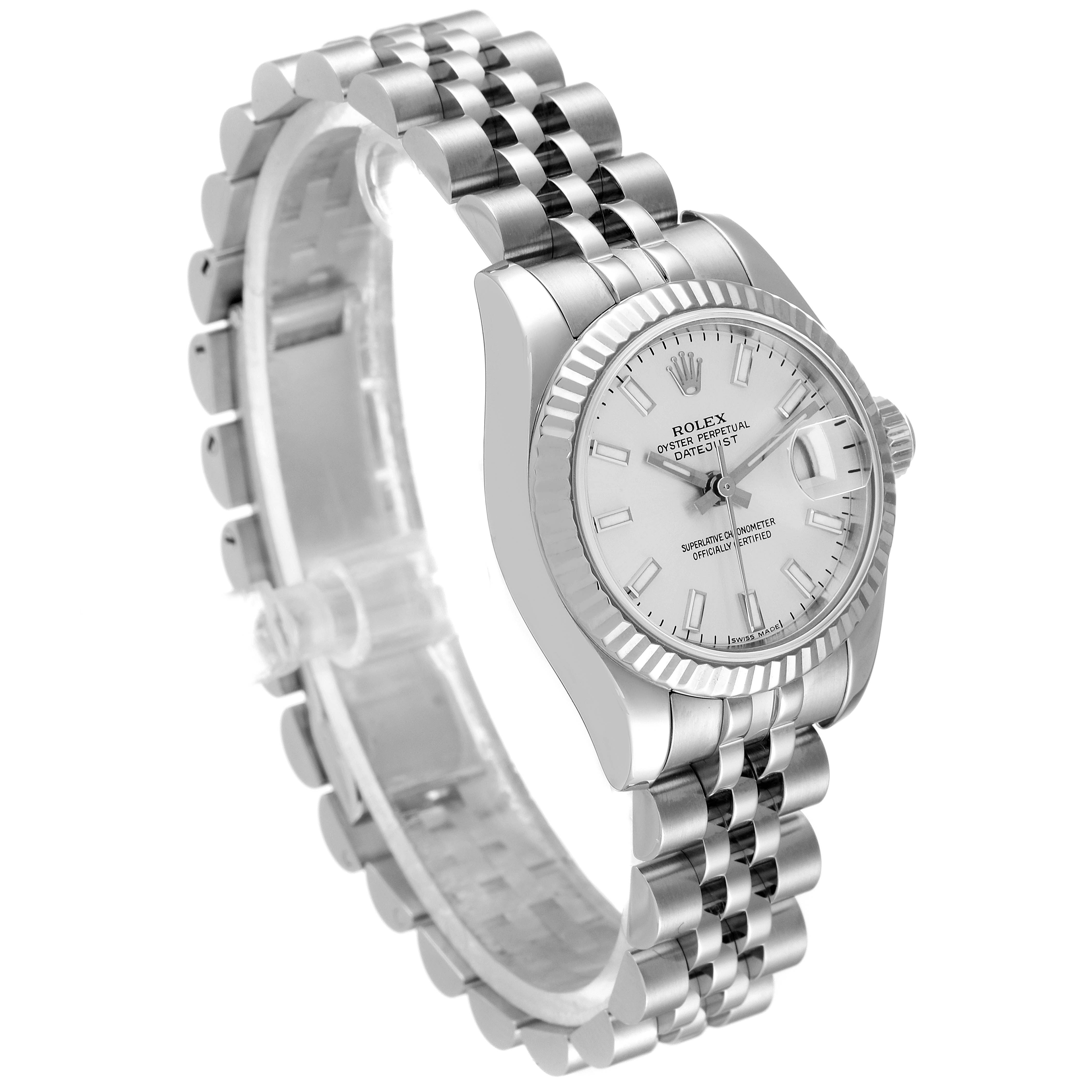 The Rolex Datejust 179174 Women
s Stainless Steel Silver Dial 179174 Women
s Stainless Steel Silver Dial watch is shown from a three-quarter angle, highlighting its face, fluted bezel, and Jubilee bracelet.