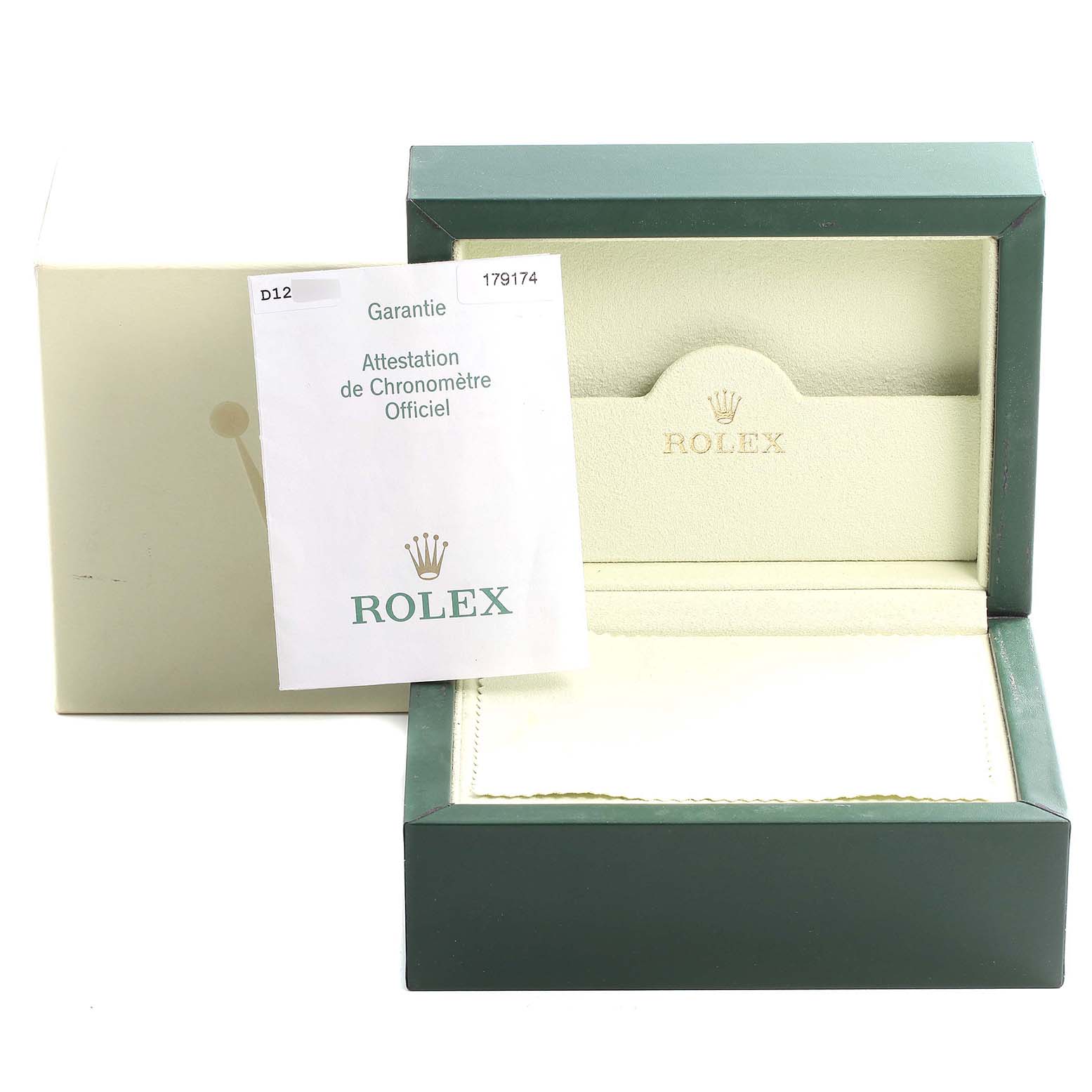 The image shows an open Rolex Datejust 179174 Women
s Stainless Steel Silver Dial 179174 Women
s Stainless Steel Silver Dial watch box and official certificate.