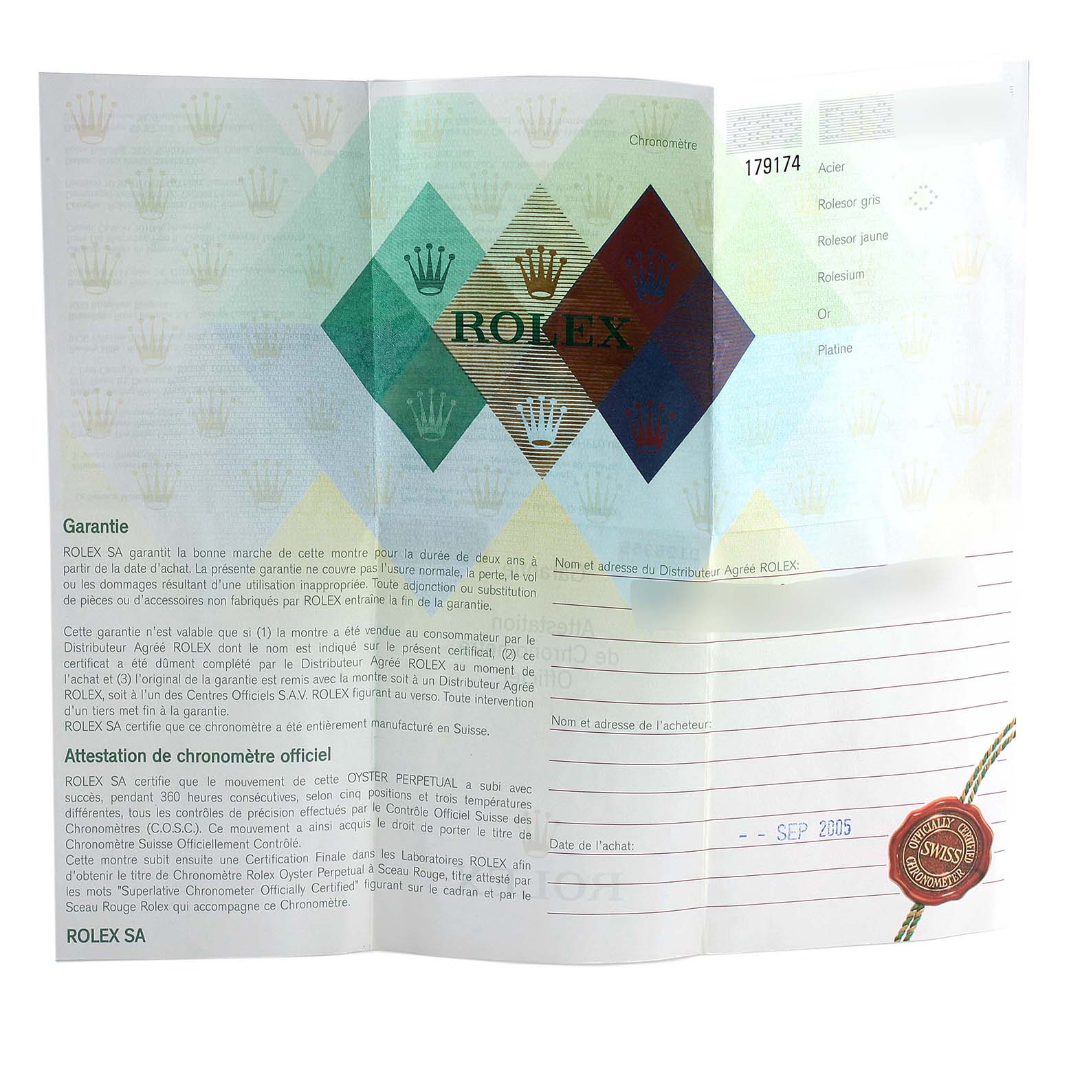 This image shows the warranty and official chronometer certification paper for a Rolex Datejust 179174 Women
s Stainless Steel Silver Dial 179174 Women
s Stainless Steel Silver Dial model.