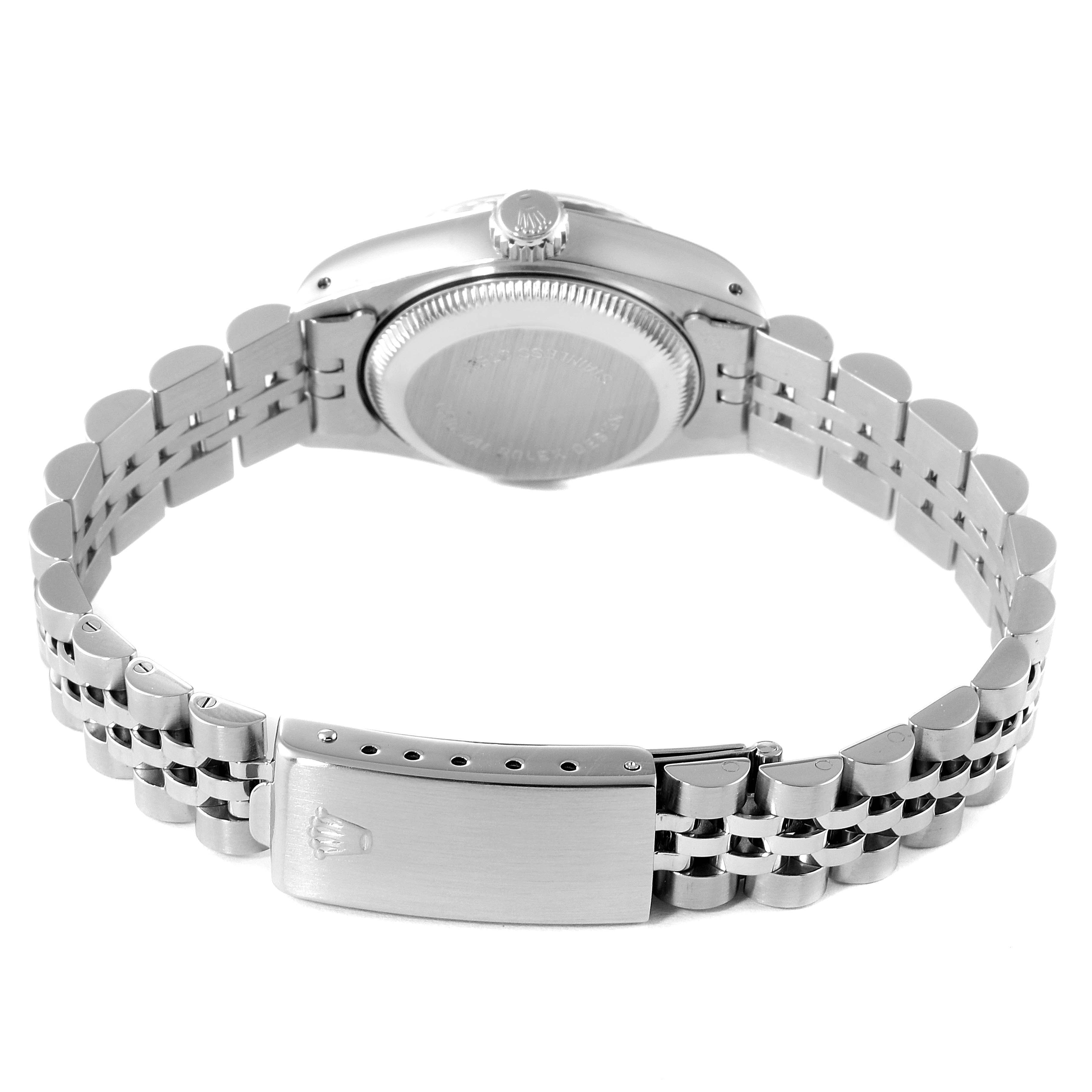 This image shows the back view of a Rolex Datejust 69174 Women
s Stainless Steel Silver Dial 69174 Women
s Stainless Steel Silver Dial watch, including the case back and Jubilee bracelet with a clasp.