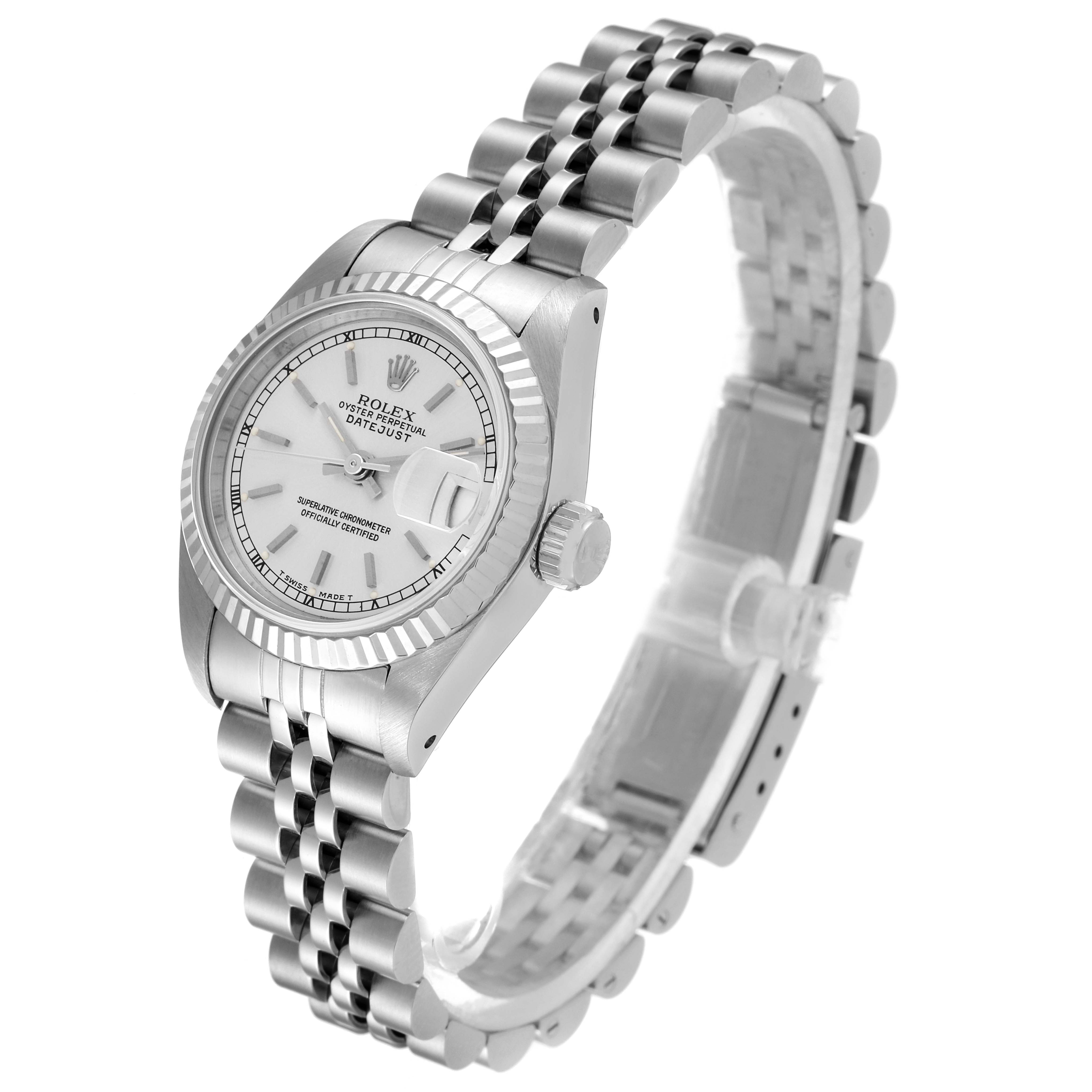The image shows a Rolex Datejust 69174 Women
s Stainless Steel Silver Dial 69174 Women
s Stainless Steel Silver Dial watch at a slight angle, highlighting its bezel, dial, case, jubilee bracelet, and crown.