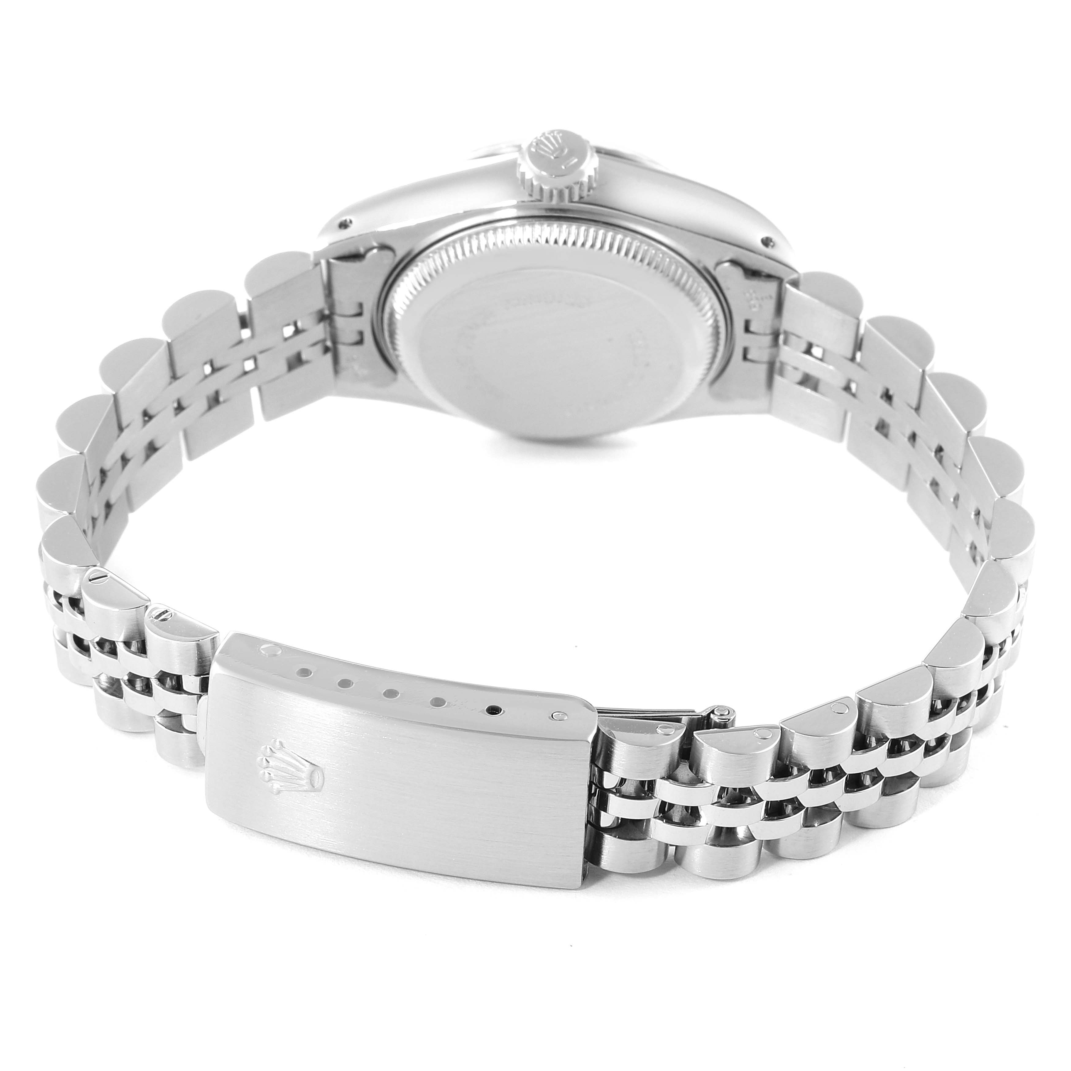 This image shows the back view of a Rolex Datejust 69174 Women
s Stainless Steel Silver Dial 69174 Women
s Stainless Steel Silver Dial watch, focusing on the case back and bracelet clasp.