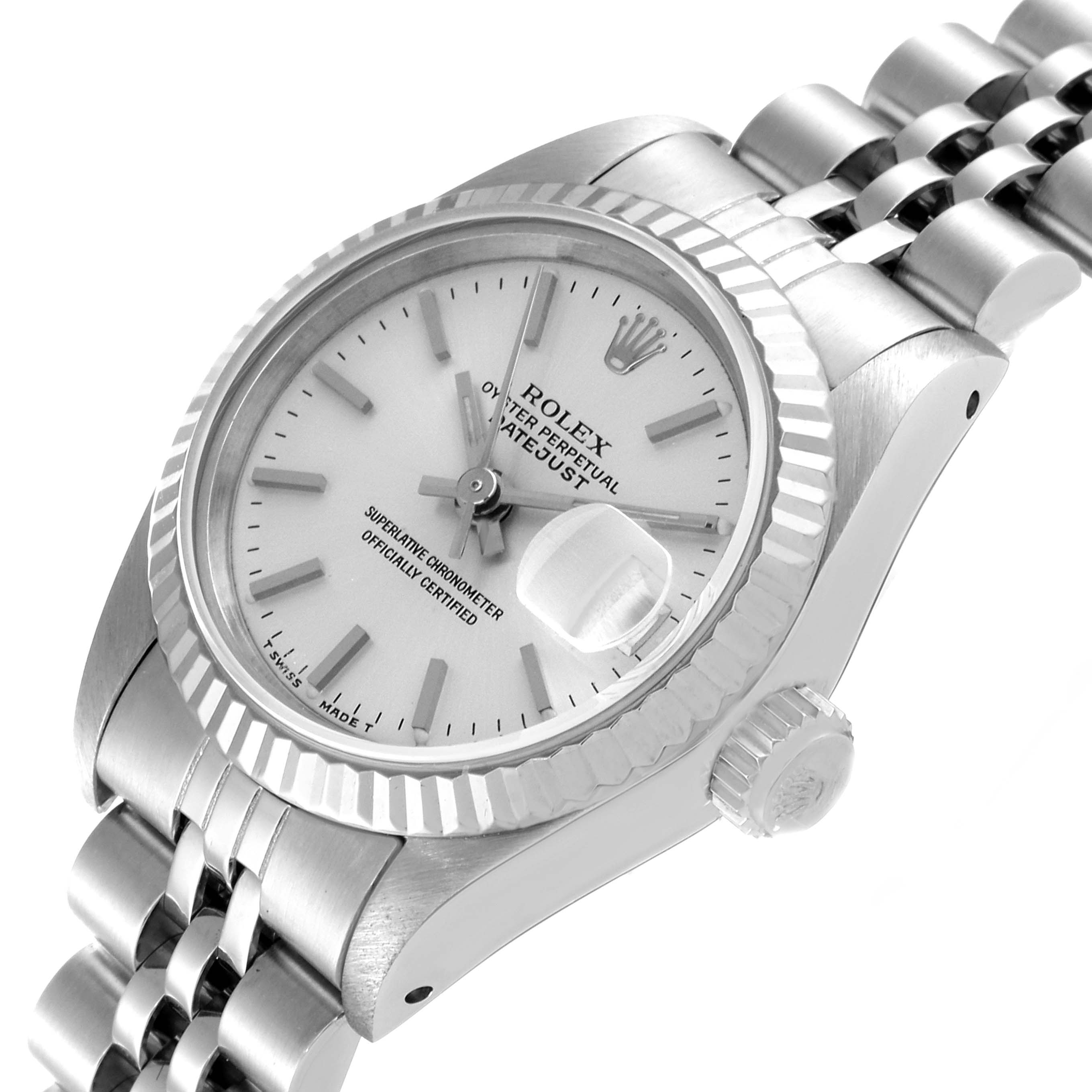 The image shows a close-up angled view of the Rolex Datejust 69174 Women
s Stainless Steel Silver Dial 69174 Women
s Stainless Steel Silver Dial watch face, bezel, and part of the bracelet.