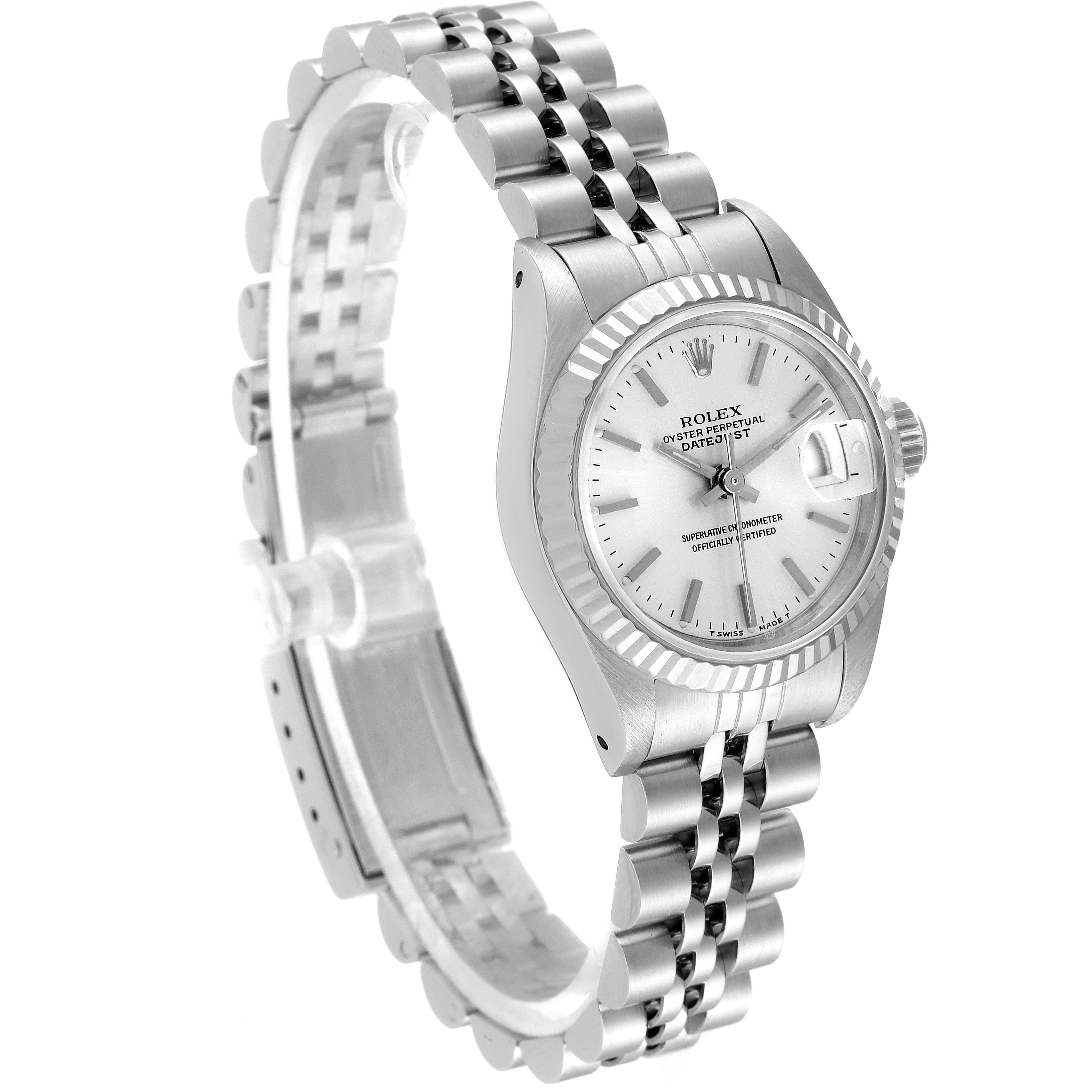 This image shows a Rolex Datejust 69174 Women
s Stainless Steel Silver Dial 69174 Women
s Stainless Steel Silver Dial watch at an angled side view, highlighting its bracelet and dial.