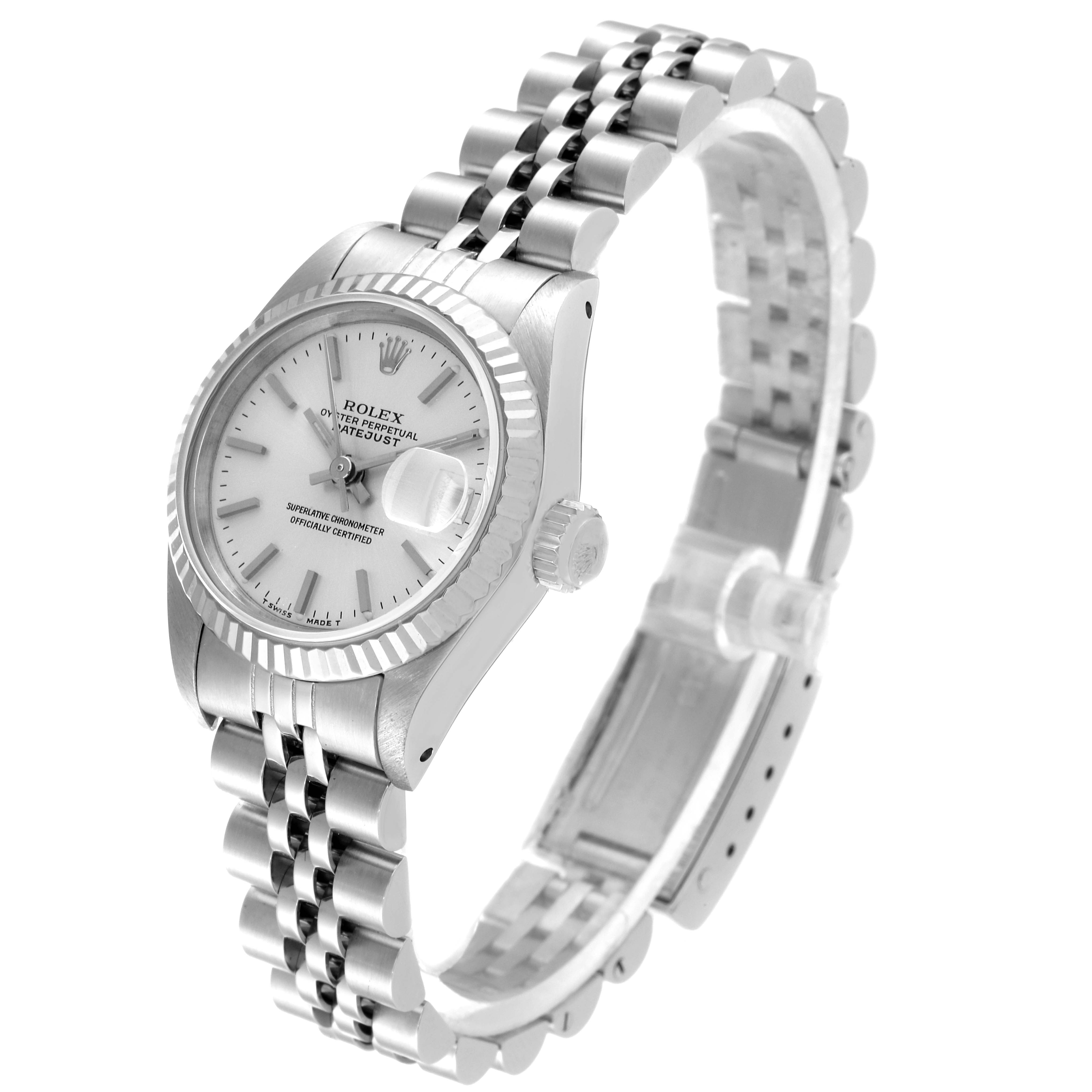 The image shows a Rolex Datejust 69174 Women
s Stainless Steel Silver Dial 69174 Women
s Stainless Steel Silver Dial watch at an angled side view, highlighting the dial, bezel, crown, and Jubilee bracelet.