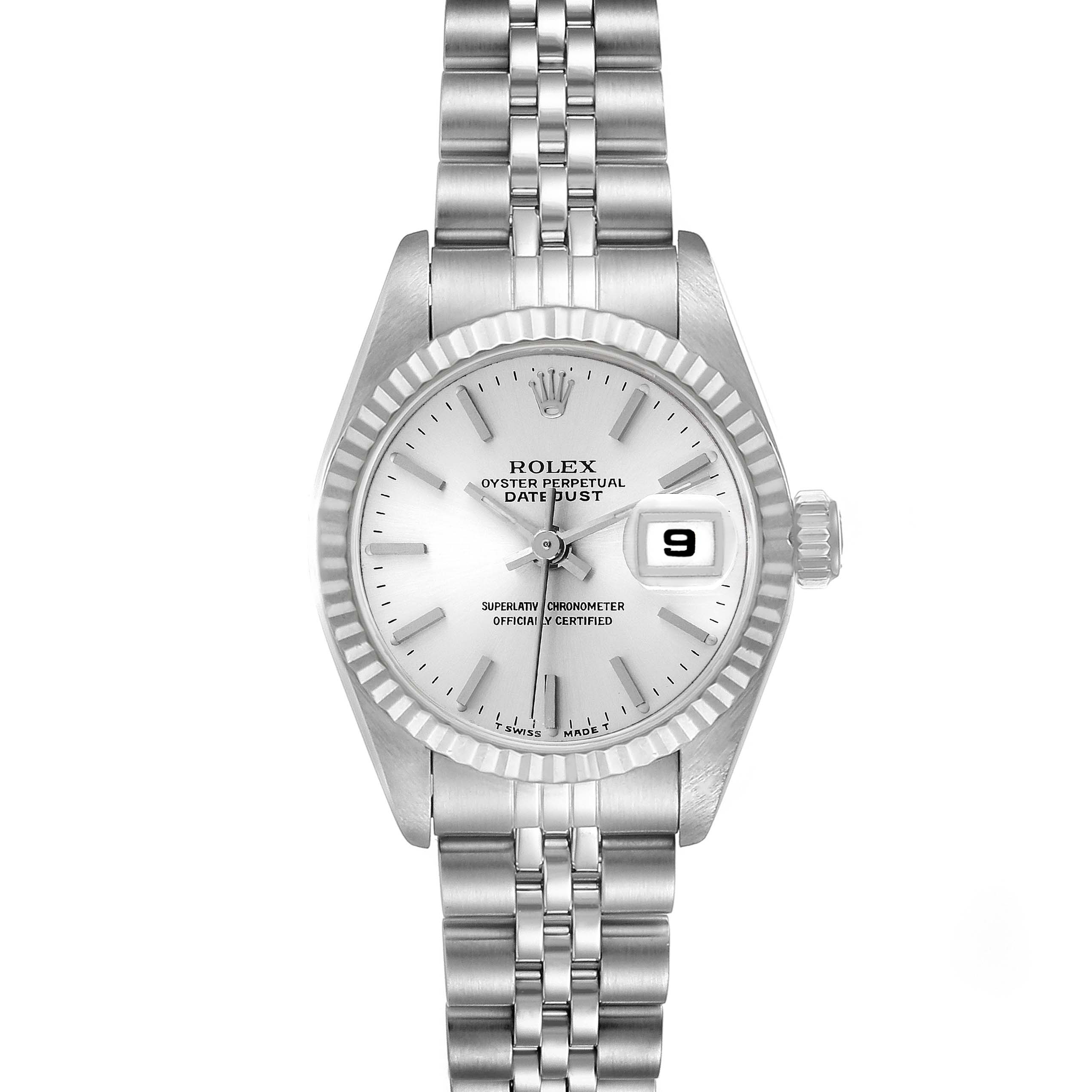 The image shows a front view of the Rolex Datejust 69174 Women
s Stainless Steel Silver Dial 69174 Women
s Stainless Steel Silver Dial watch, displaying its dial, bracelet, hands, and date window.