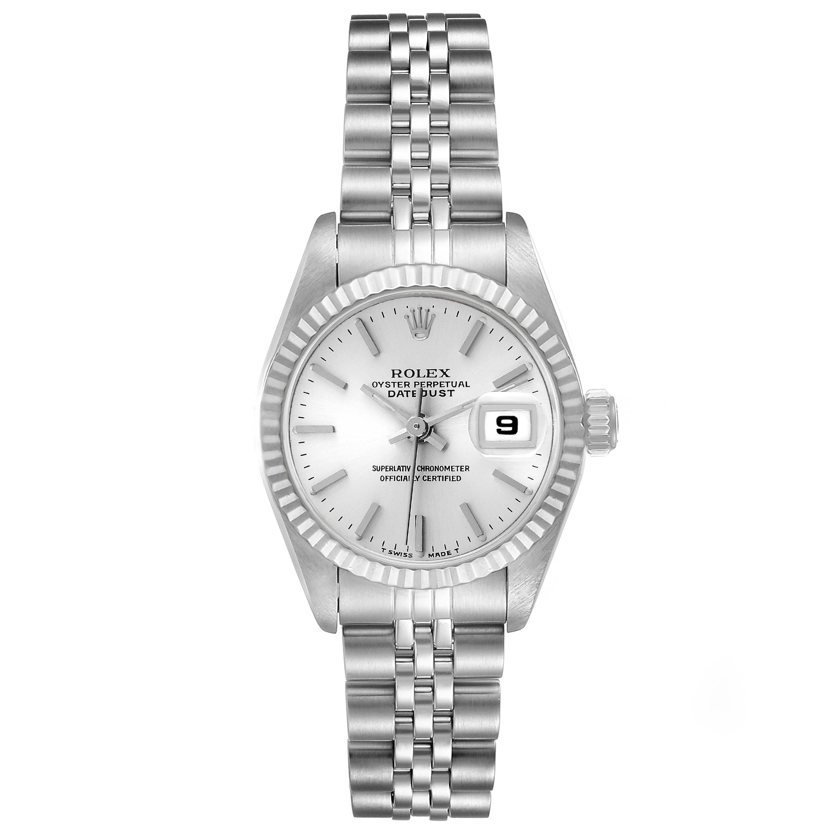 This image shows a front view of a Rolex Datejust 69174 Women
s Stainless Steel Silver Dial 69174 Women
s Stainless Steel Silver Dial watch with its face, bezel, and bracelet visible.