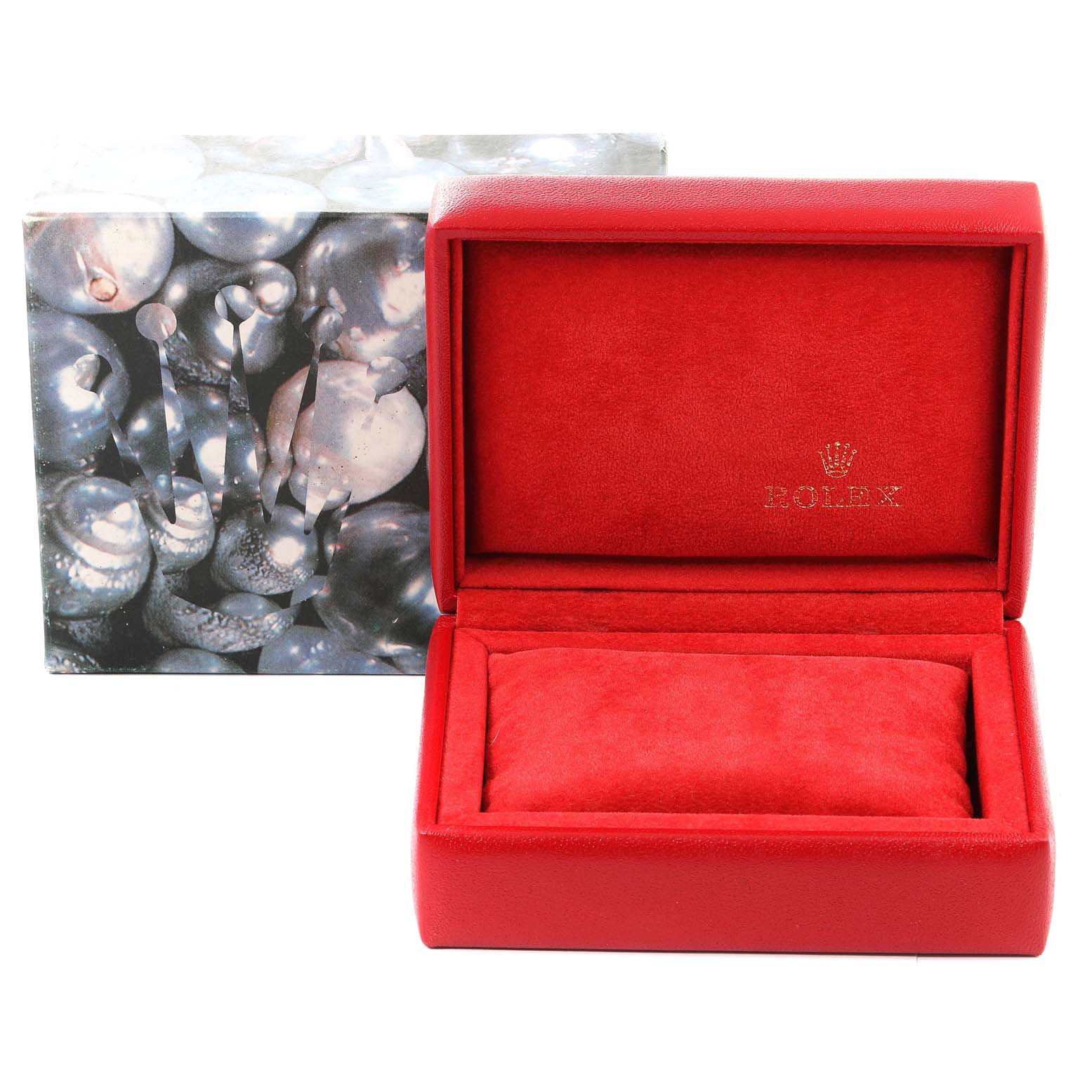 This image shows an empty red Rolex Datejust 69174 Women
s Stainless Steel Silver Dial 69174 Women
s Stainless Steel Silver Dial watch box, open, with a Rolex-branded outer box in the background.