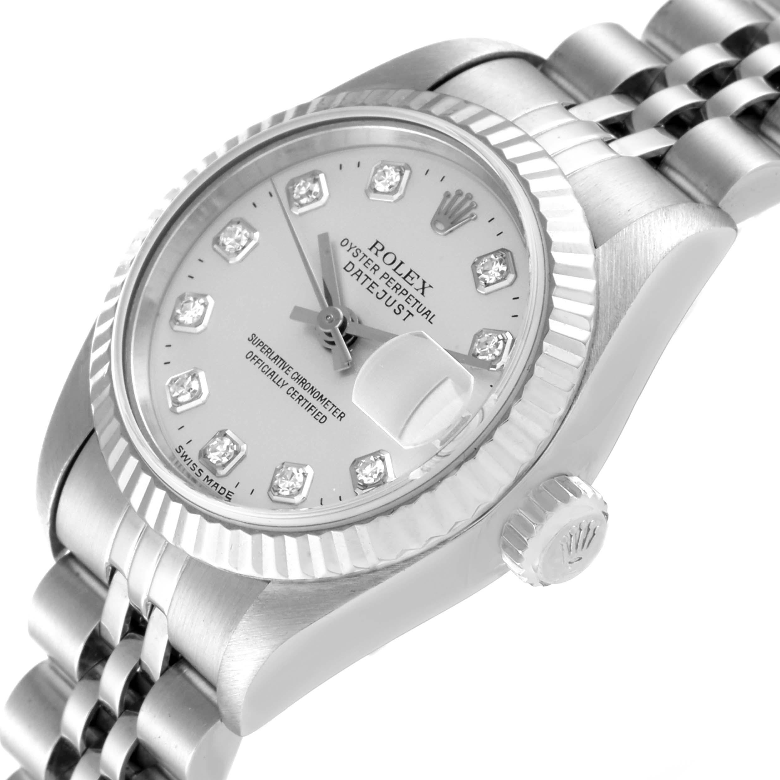 This image shows a Rolex Datejust 69174 Women
s Stainless Steel Silver Dial 69174 Women
s Stainless Steel Silver Dial watch angled to display its face and partially the bracelet, highlighting the crown, bezel, and dial.