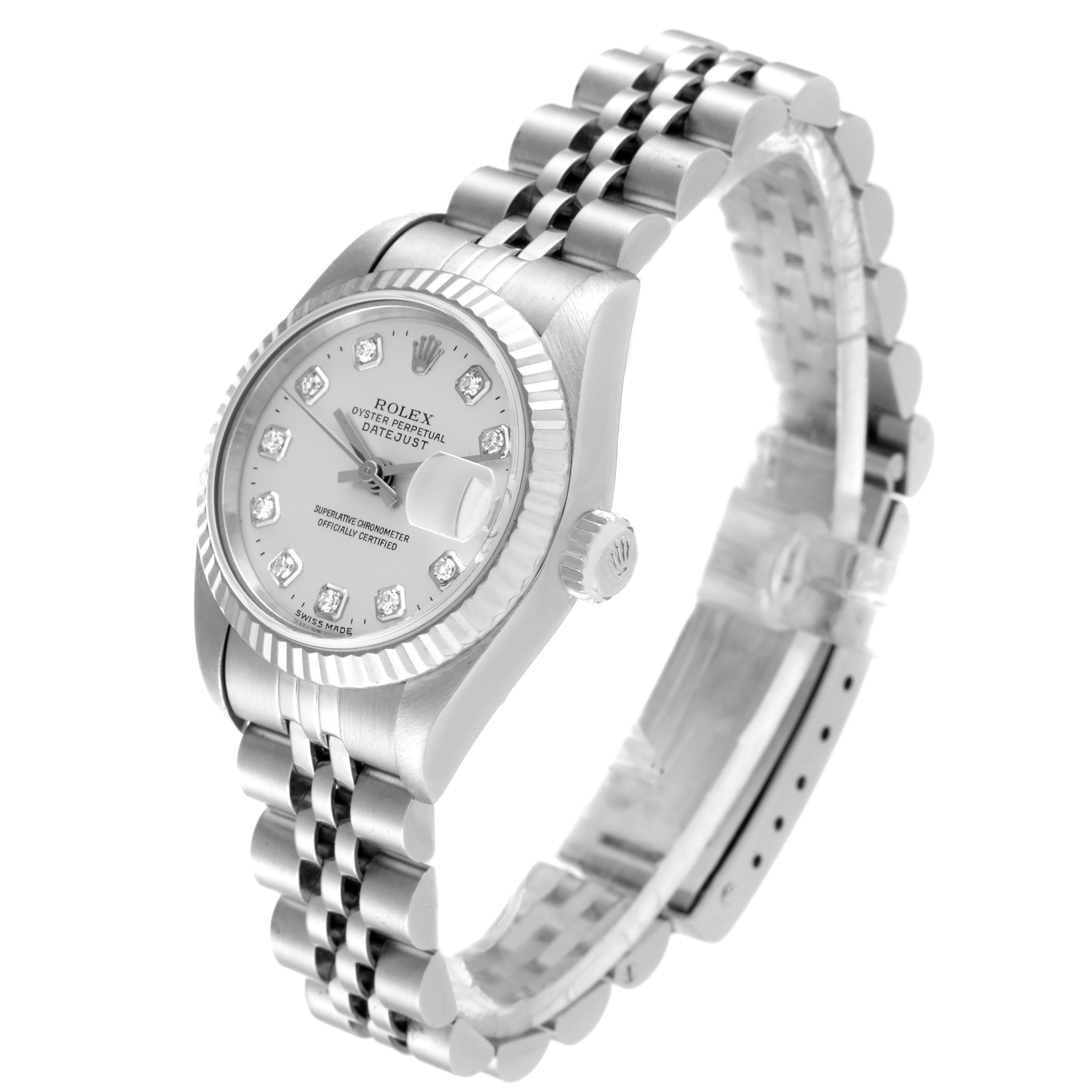 The image shows a Rolex Datejust 69174 Women
s Stainless Steel Silver Dial 69174 Women
s Stainless Steel Silver Dial watch at an angled view, highlighting the dial, bezel, crown, and bracelet.