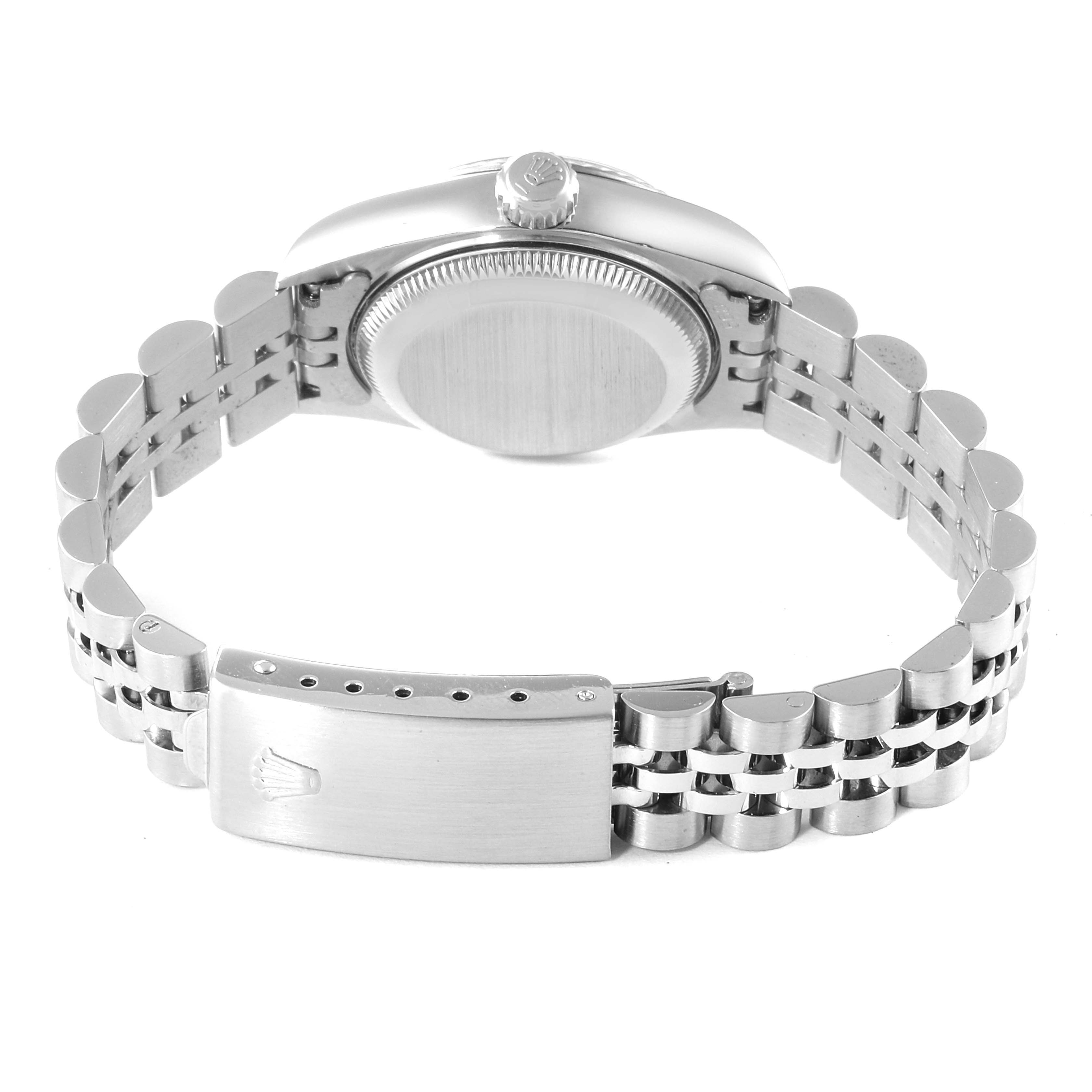 The image shows the back and side view of a Rolex Datejust 69174 Women
s Stainless Steel Silver Dial 69174 Women
s Stainless Steel Silver Dial watch, focusing on the case back and bracelet with the clasp visible.