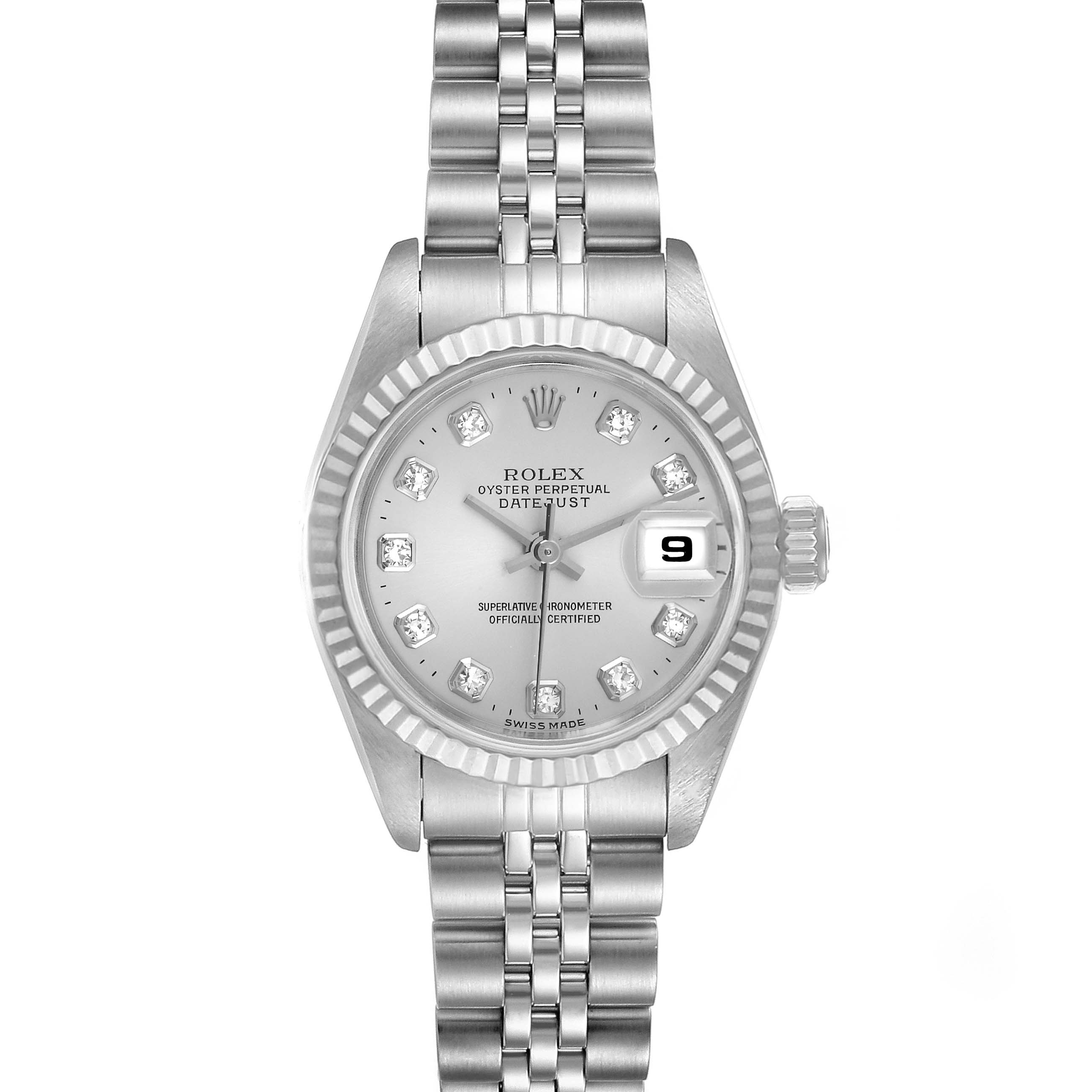 This is a front view of the Rolex Datejust 69174 Women
s Stainless Steel Silver Dial 69174 Women
s Stainless Steel Silver Dial watch, showing its dial, bezel, bracelet, and date window.